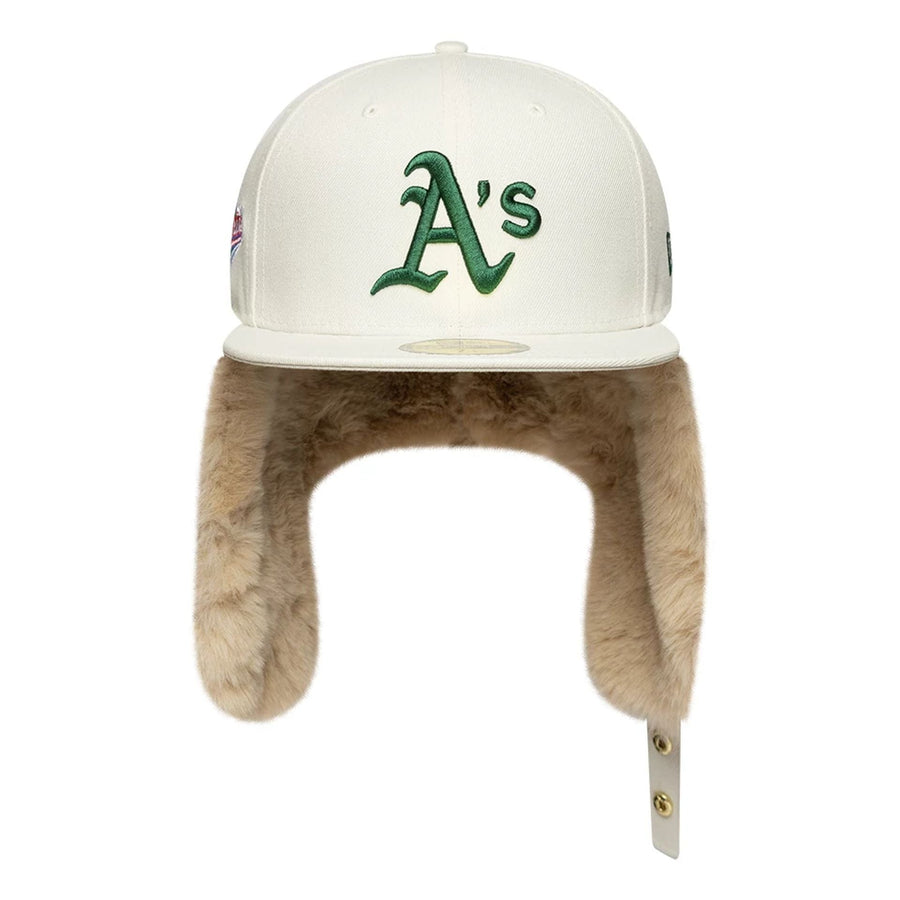 Pictured is this MLB World Series Oakland Athletics Dogear 59FIFTY Fitted cap in cream. 7
