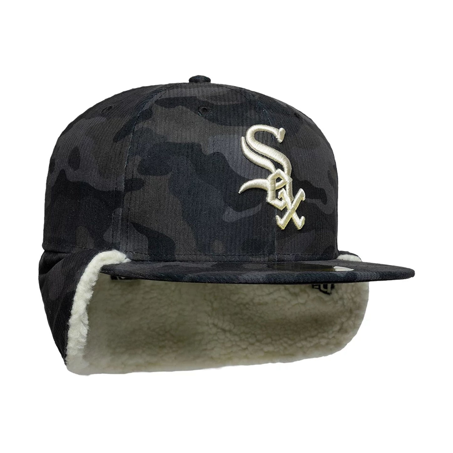 Pictured is this MLB Cord Chicago White Sox Downflap 59FIFTY Fitted cap in black. 7