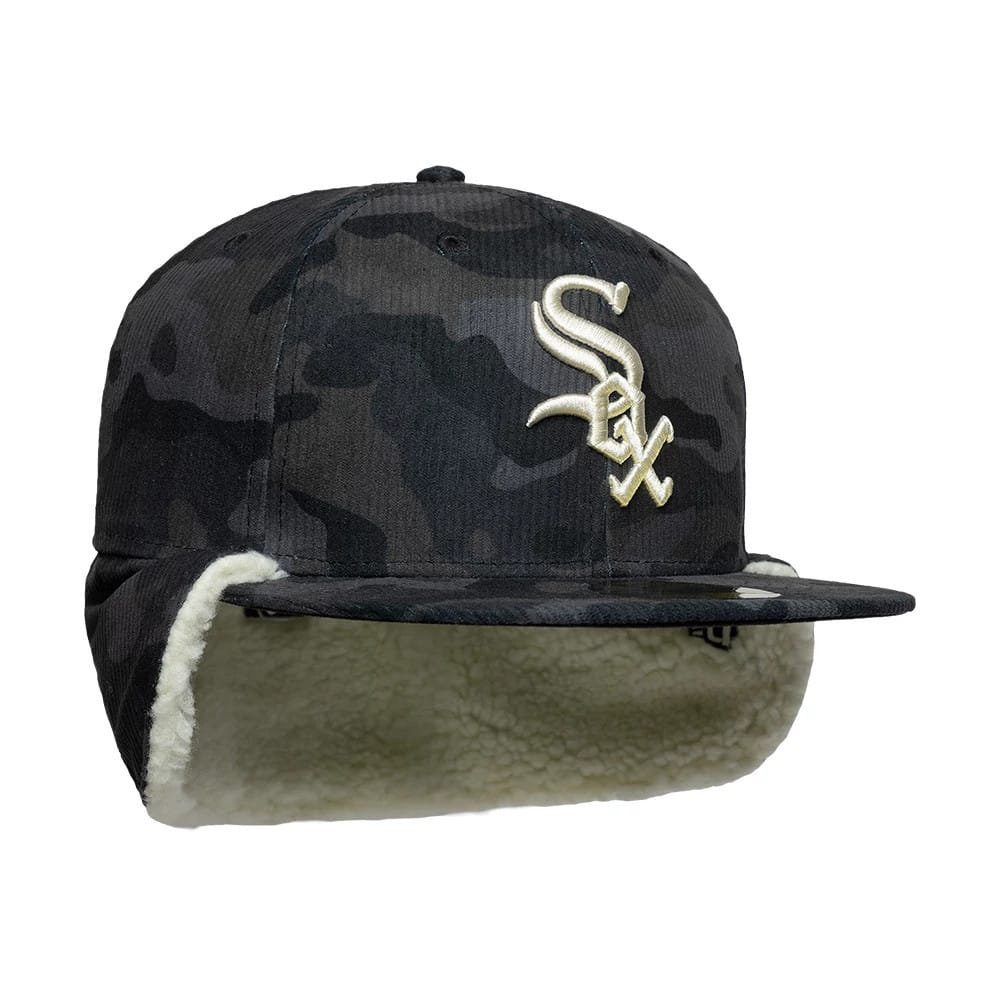 Pictured is this MLB Cord Chicago White Sox Downflap 59FIFTY Fitted cap in black. 7