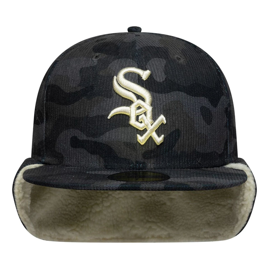 Pictured is this MLB Cord Chicago White Sox Downflap 59FIFTY Fitted cap in black. 5