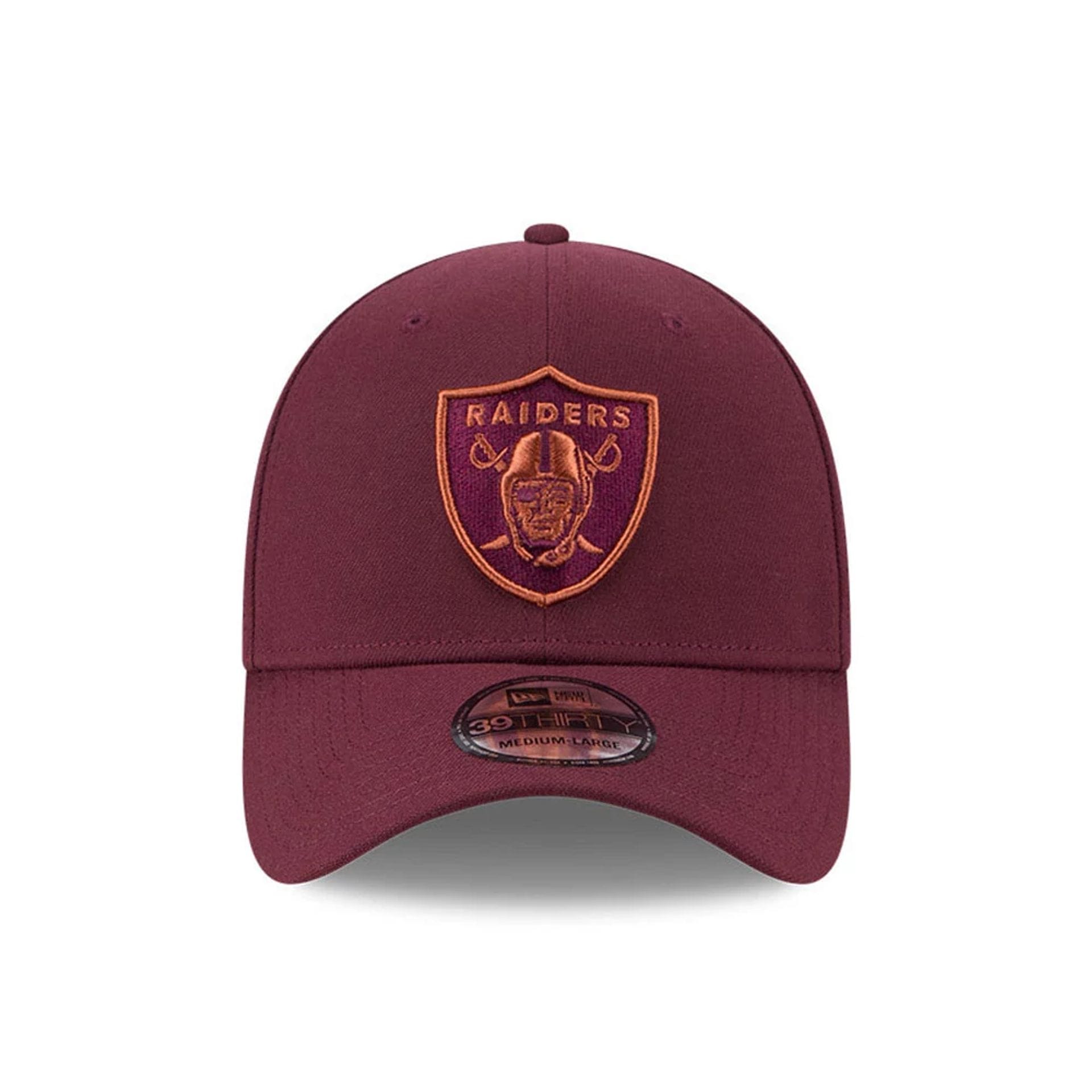 Pictured is this NFL Frosted Rust Las Vegas Raiders 39THIRTY Stretch Fit cap in dark red. 3