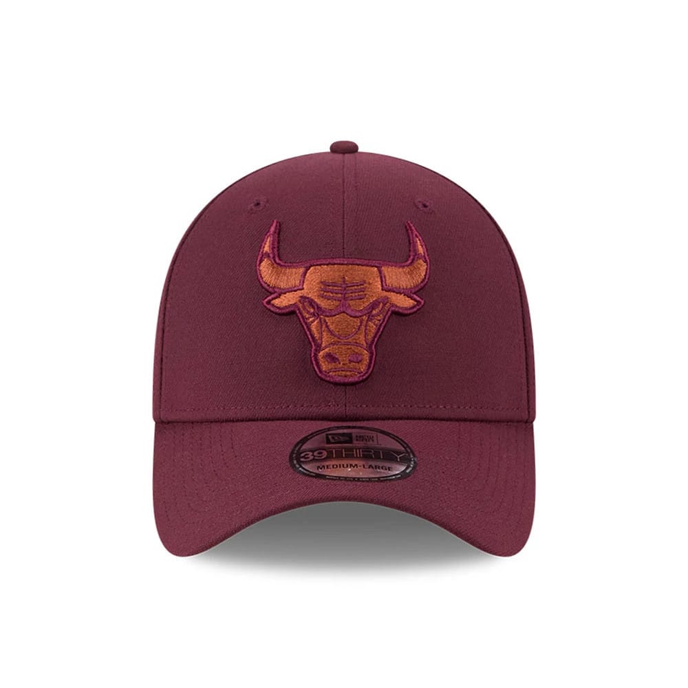 Pictured is this NBA Frosted Rust Chicago Bulls 39THIRTY Stretch Fit cap in dark red. 3