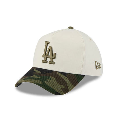 Pictured is this MLB Camo Visor LA Dodgers 39THIRTY A-Frame Stretch Fit cap in Cream. 1