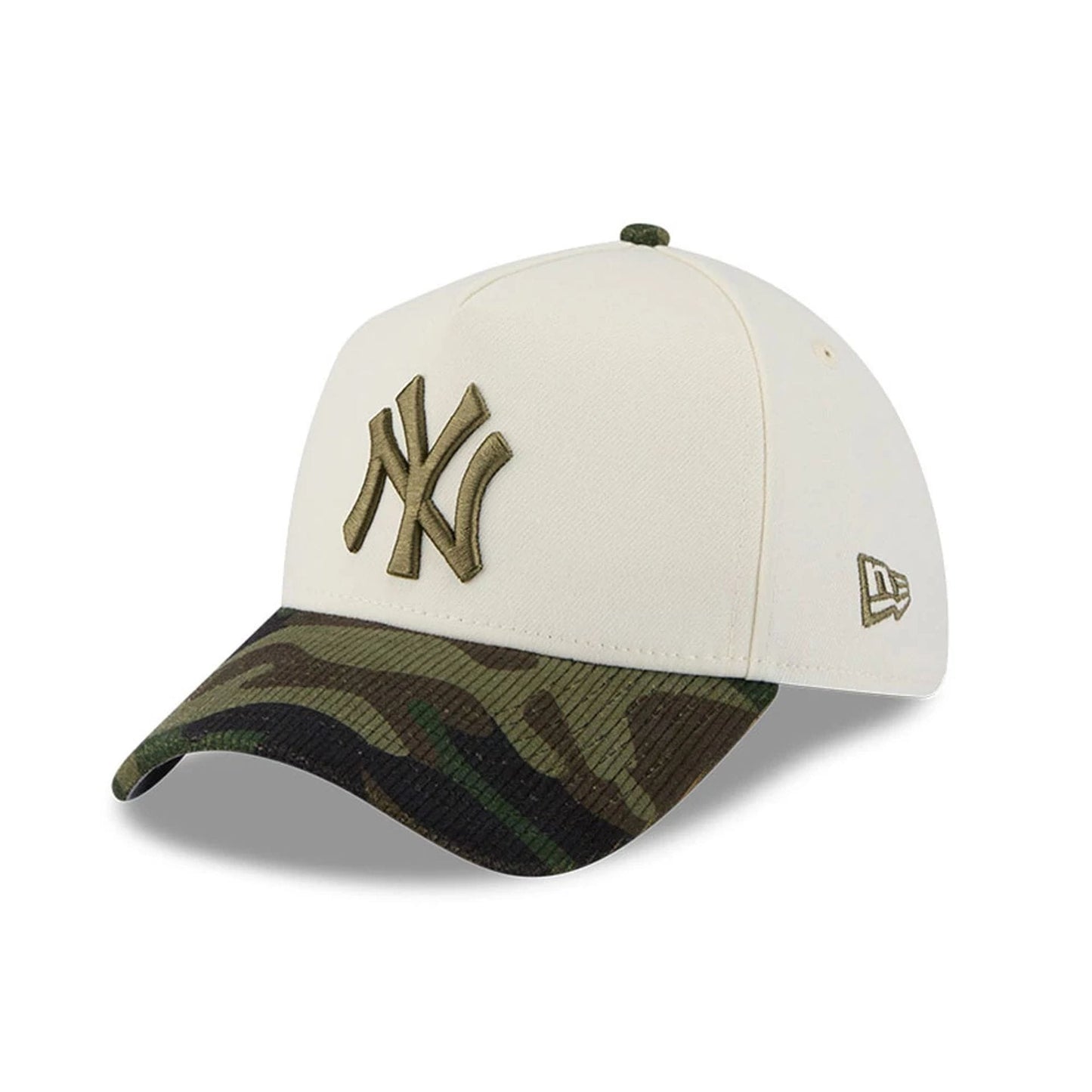 Pictured is this MLB Camo Visor New York Yankees 39THIRTY A-Frame Stretch Fit cap in Cream. 1