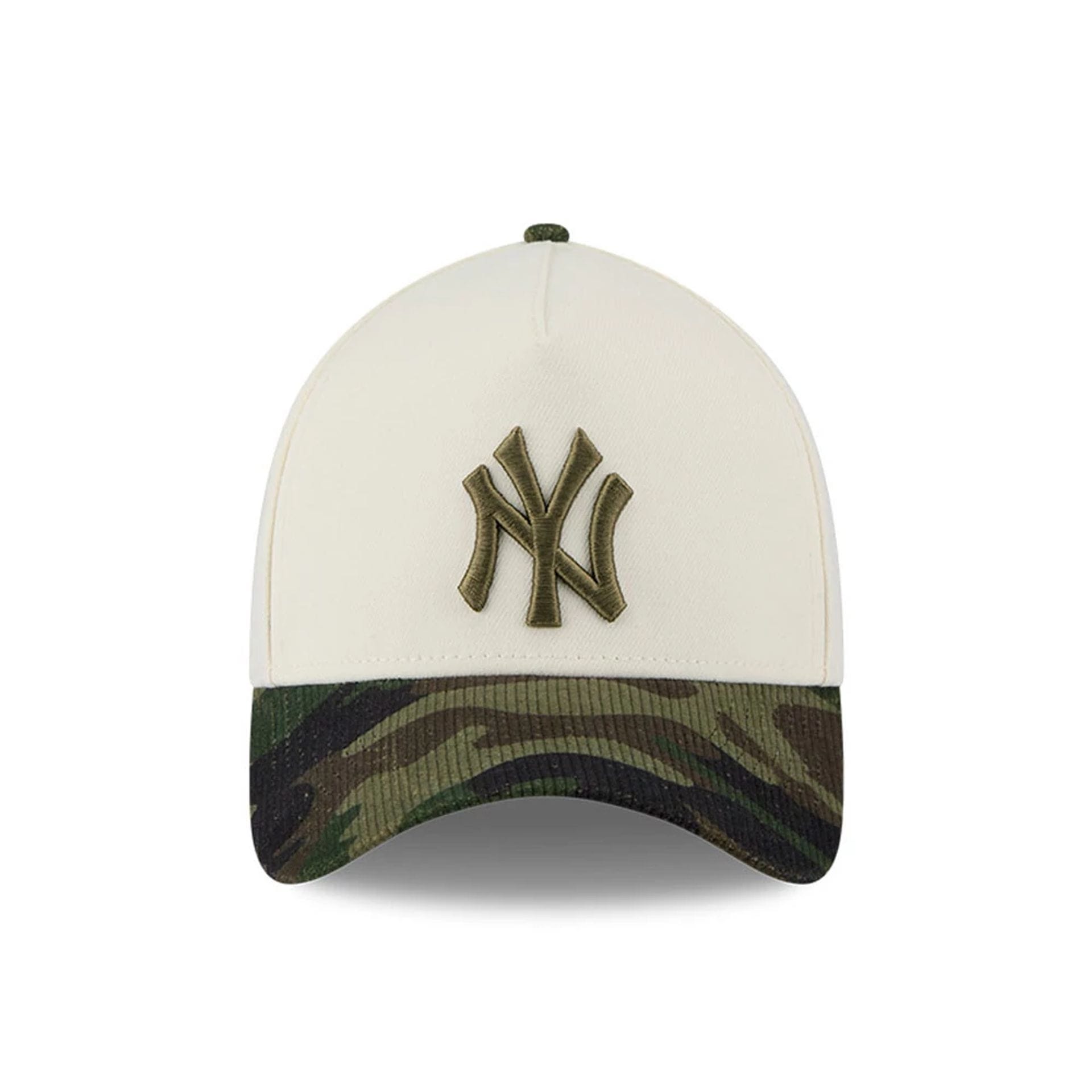 Pictured is this MLB Camo Visor New York Yankees 39THIRTY A-Frame Stretch Fit cap in Cream. 3