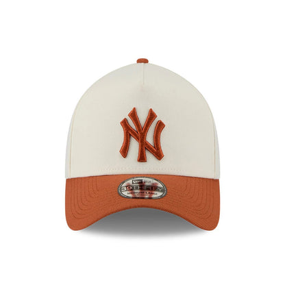 New York Yankees MLB Chrome Burnt Orange Logo New Era 39THIRTY A-Frame Stretch Fit Cap, front view showing a burnt orange embroidered NY logo on the high structured cream crown, with a burnt orange curved visor and grey 39THIRTY size sticker.