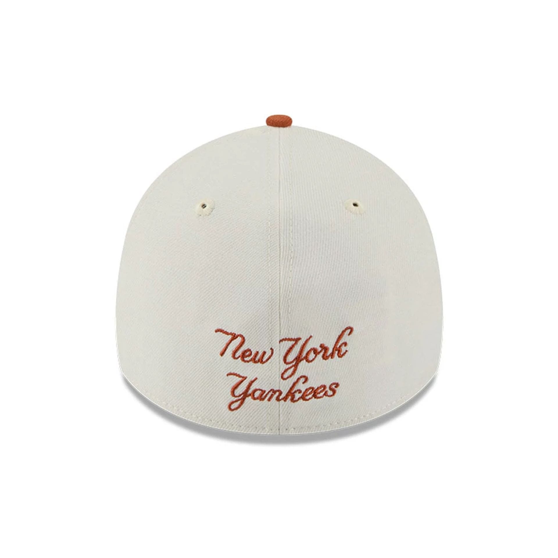 Pictured is this MLB Chrome New York Yankees 39THIRTY A-Frame Stretch Fit cap in burnt orange. 3