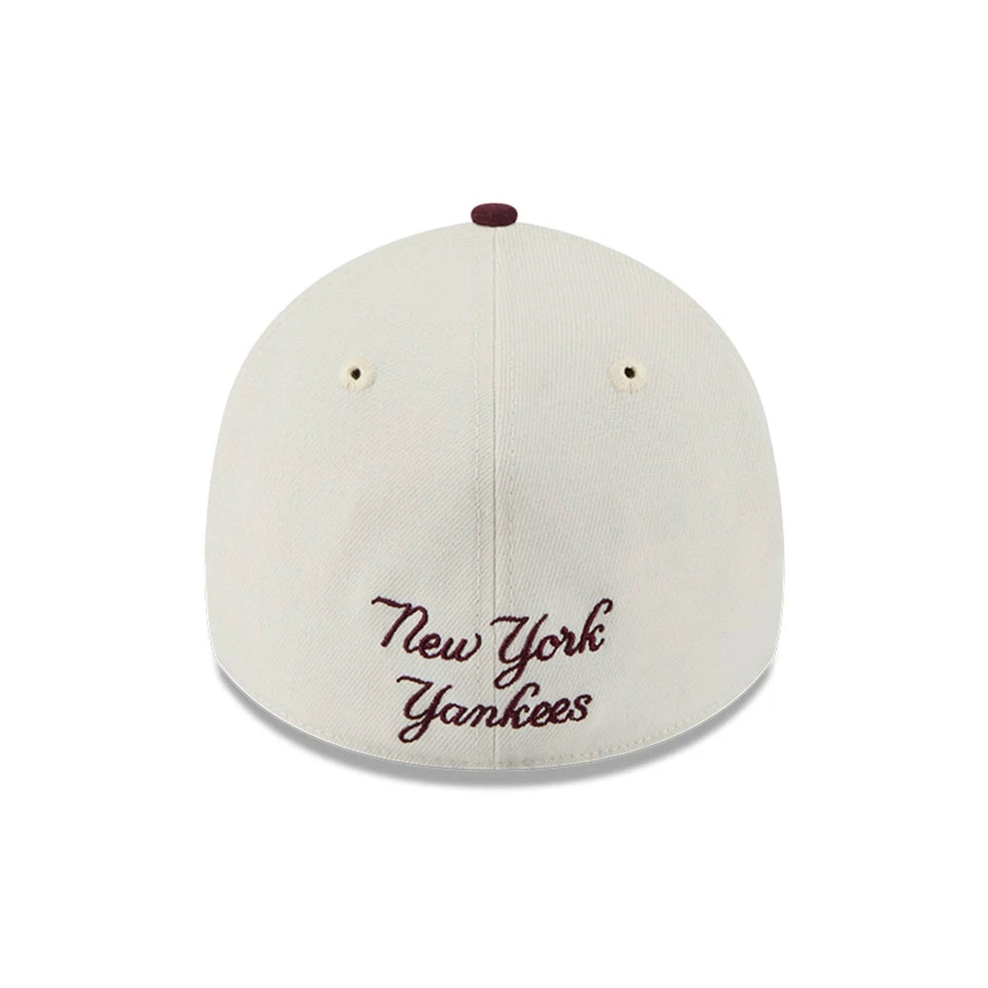 Pictured is this MLB Chrome New York Yankees 39THIRTY A-Frame Stretch Fit cap in Dark Red. 3