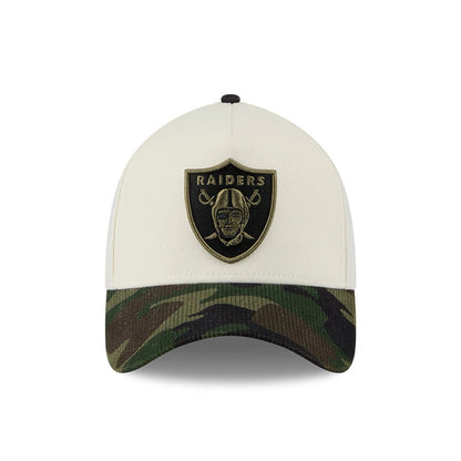 Pictured is this NFL Camo Visor Las Vegas Raiders 39THIRTY A-Frame Stretch Fit cap in white. 3