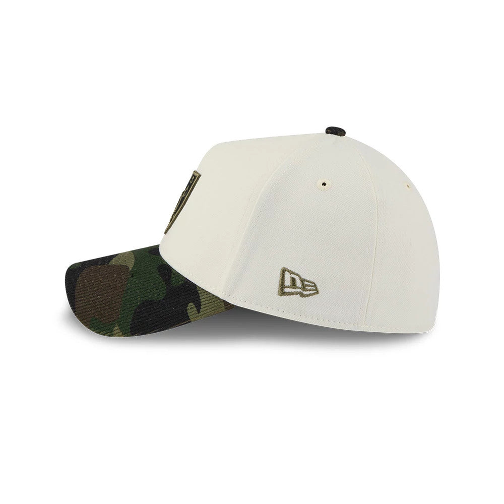 Pictured is this NFL Camo Visor Las Vegas Raiders 39THIRTY A-Frame Stretch Fit cap in white. 5