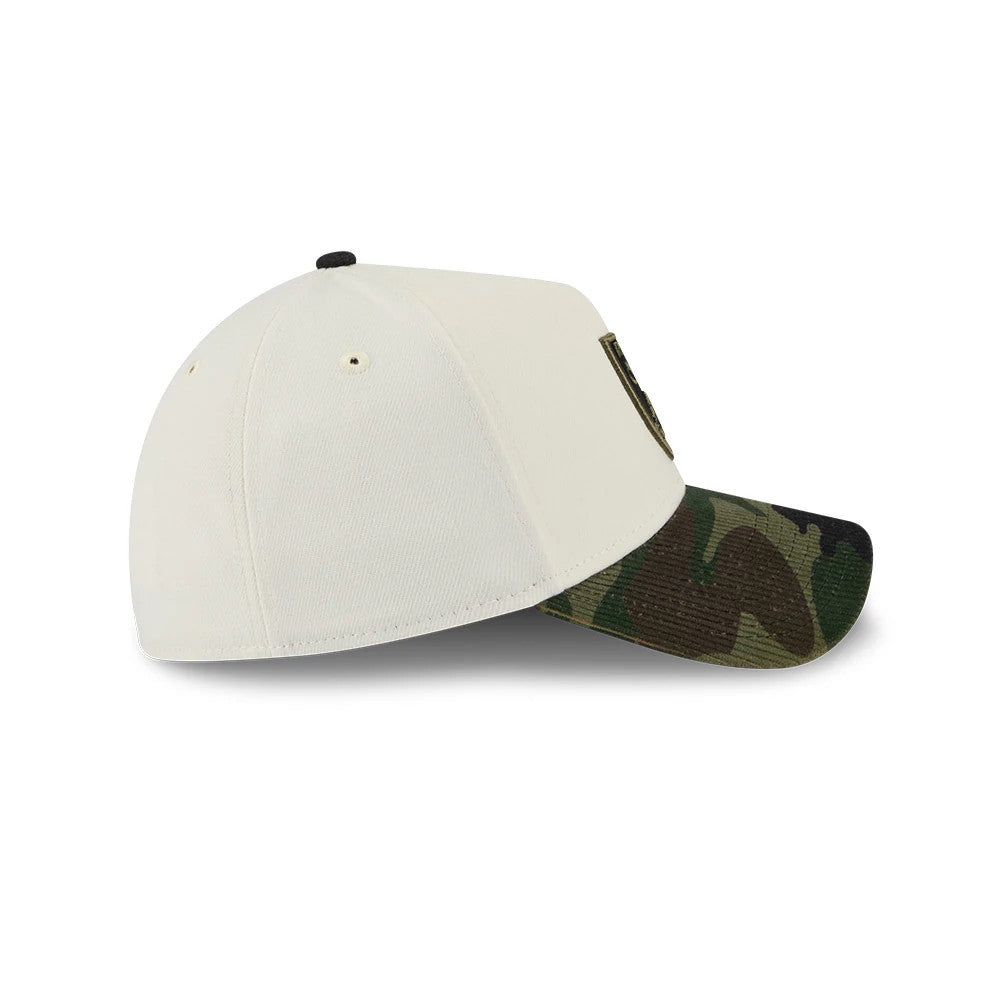 Pictured is this NFL Camo Visor Las Vegas Raiders 39THIRTY A-Frame Stretch Fit cap in white. 6