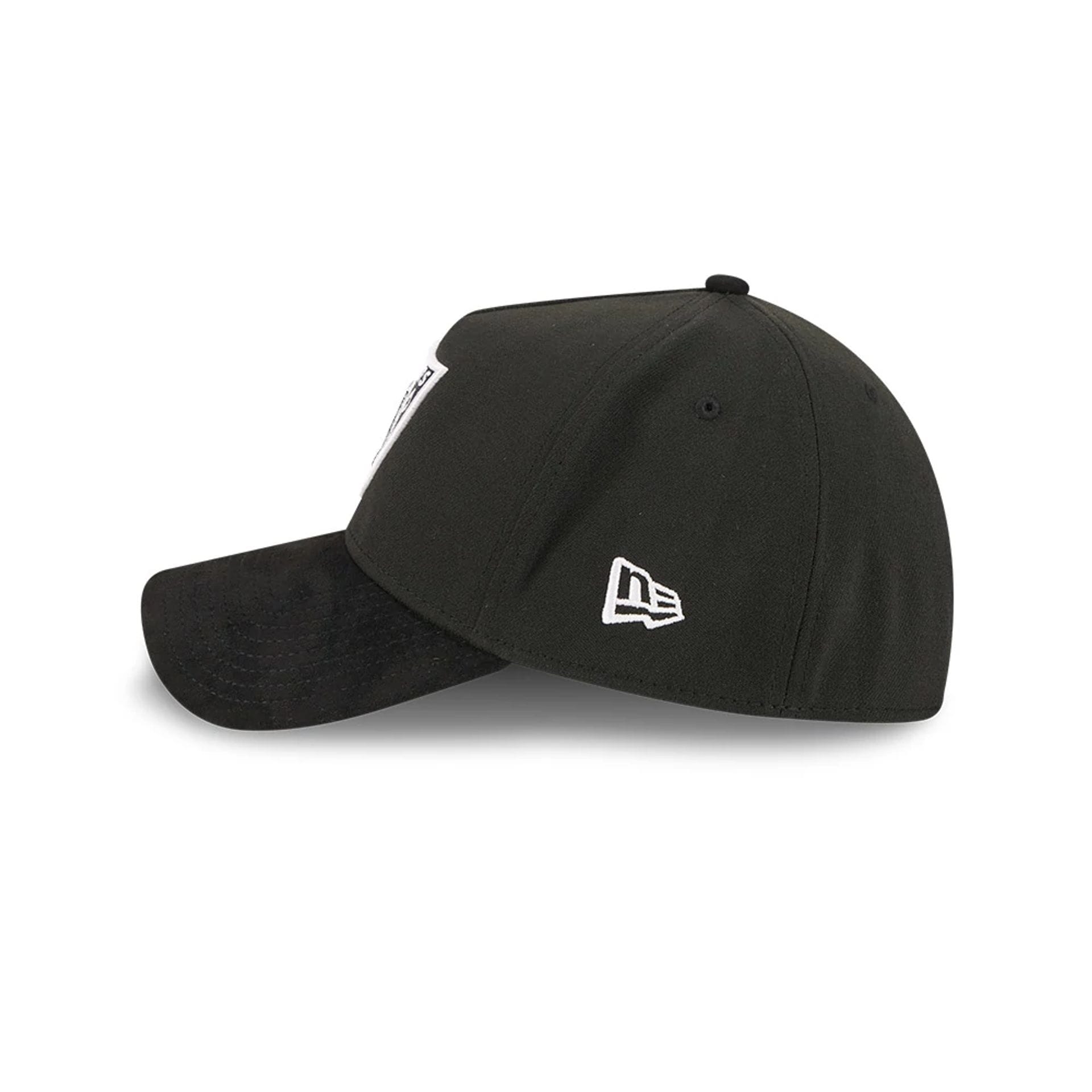 Pictured is this NFL Suede Las Vegas Raiders 39THIRTY A-Frame Stretch Fit cap in Black. 5