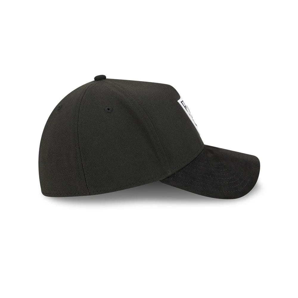 Pictured is this NFL Suede Las Vegas Raiders 39THIRTY A-Frame Stretch Fit cap in Black. 6