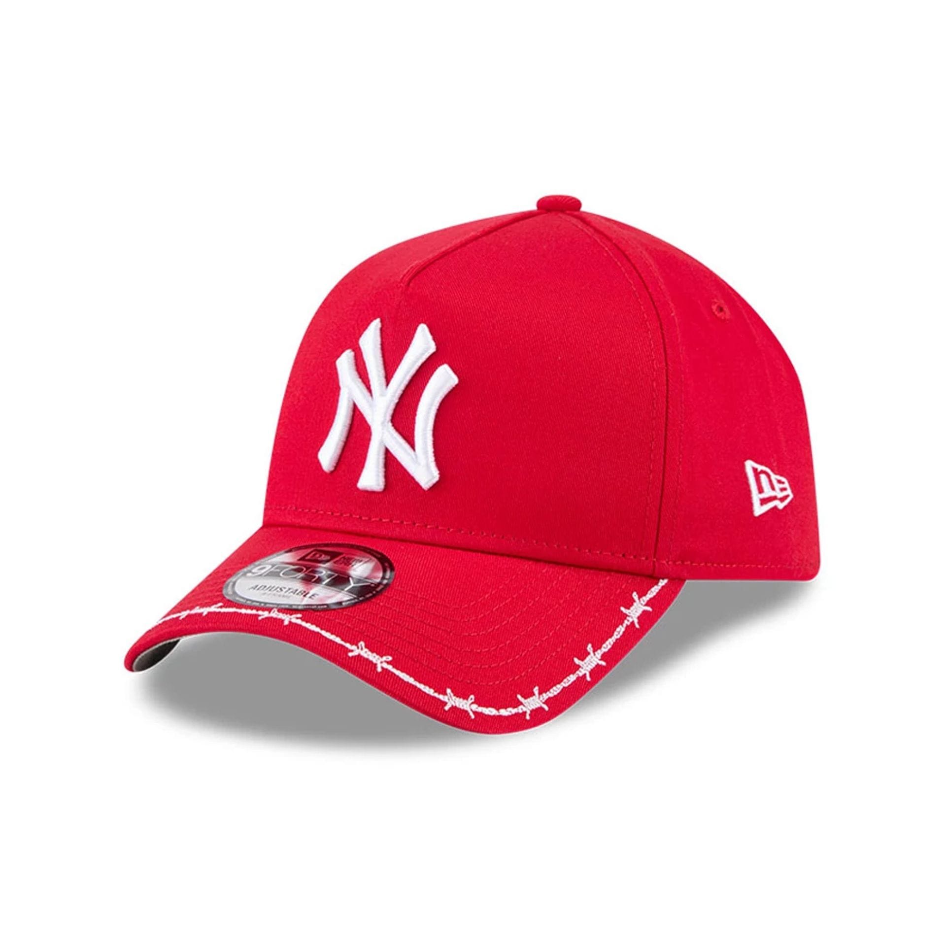 Pictured is this MLB Barb Visor New York Yankees 9FORTY A-Frame cap in red. 1