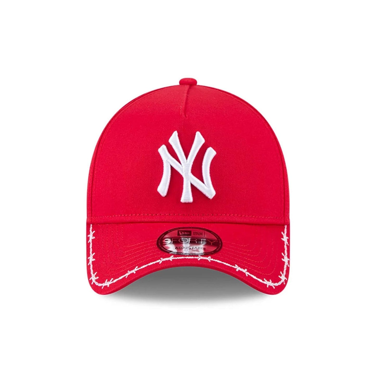 Pictured is this MLB Barb Visor New York Yankees 9FORTY A-Frame cap in red. 3