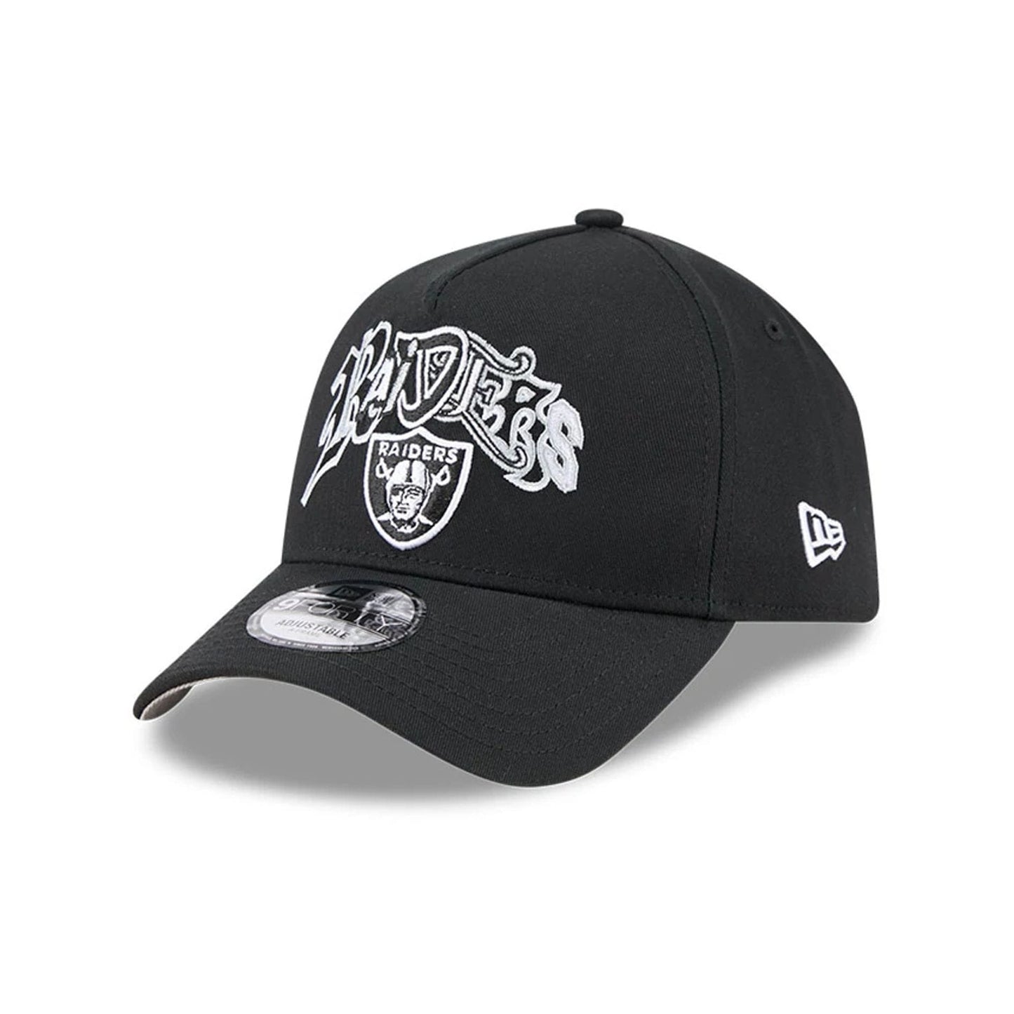 Pictured is this NBA Multi Letter Las Vegas Raiders 9FORTY A-Frame cap in black. 1