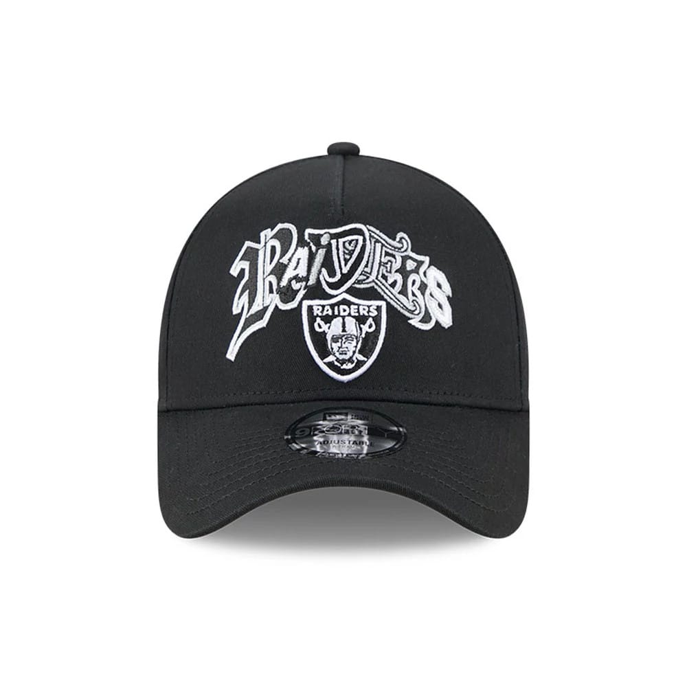 Pictured is this NBA Multi Letter Las Vegas Raiders 9FORTY A-Frame cap in black. 3