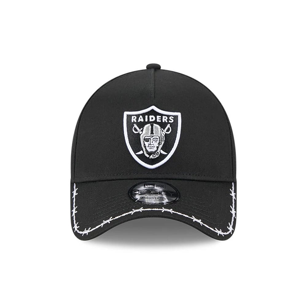 Pictured is this NFL Barb Visor Las Vegas Raiders 9FORTY A-Frame cap in black. 3
