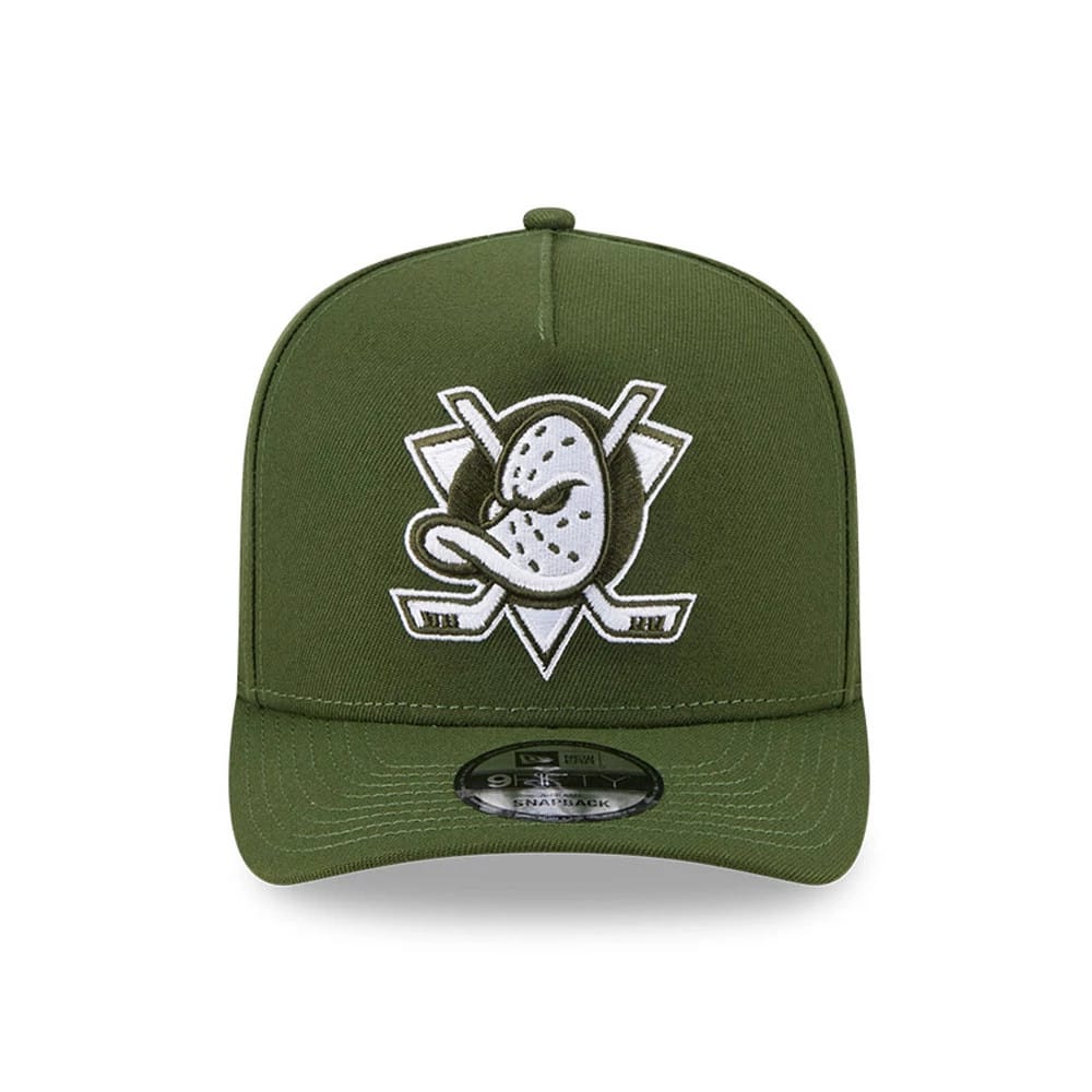 Pictured is this NHL Rifle Green Anaheim Ducks 9FIFTY A-Frame Snapback cap in dark green. 3
