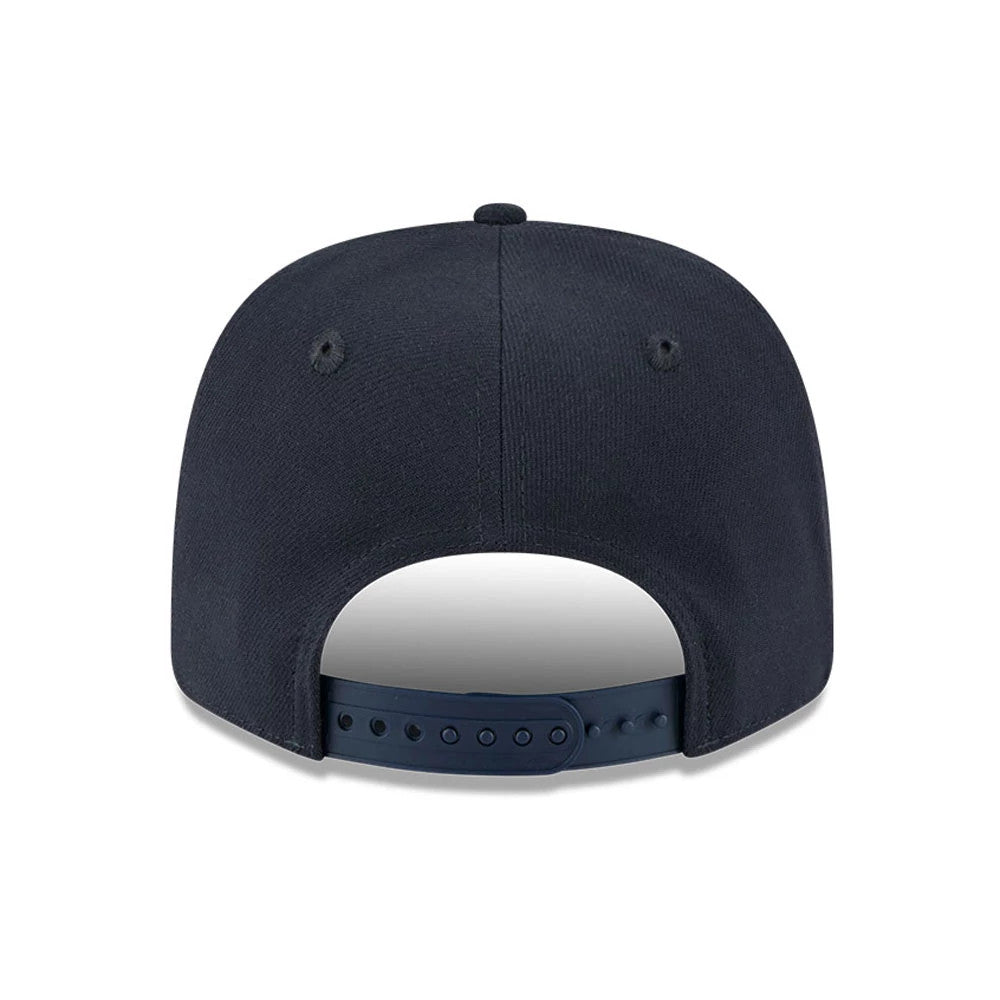 LA Dodgers MLB Navy New Era 9SEVENTY Stretch Snap Adjustable Cap, rear view showing the plain navy back panels without any logos, featuring a matching navy adjustable snap closure for a customised fit.