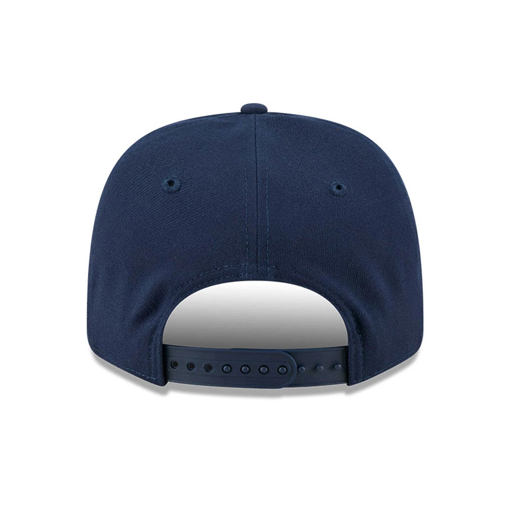 Pictured is this New Era Flawless 9SEVENTY Stretch Snap cap in dark blue. 7