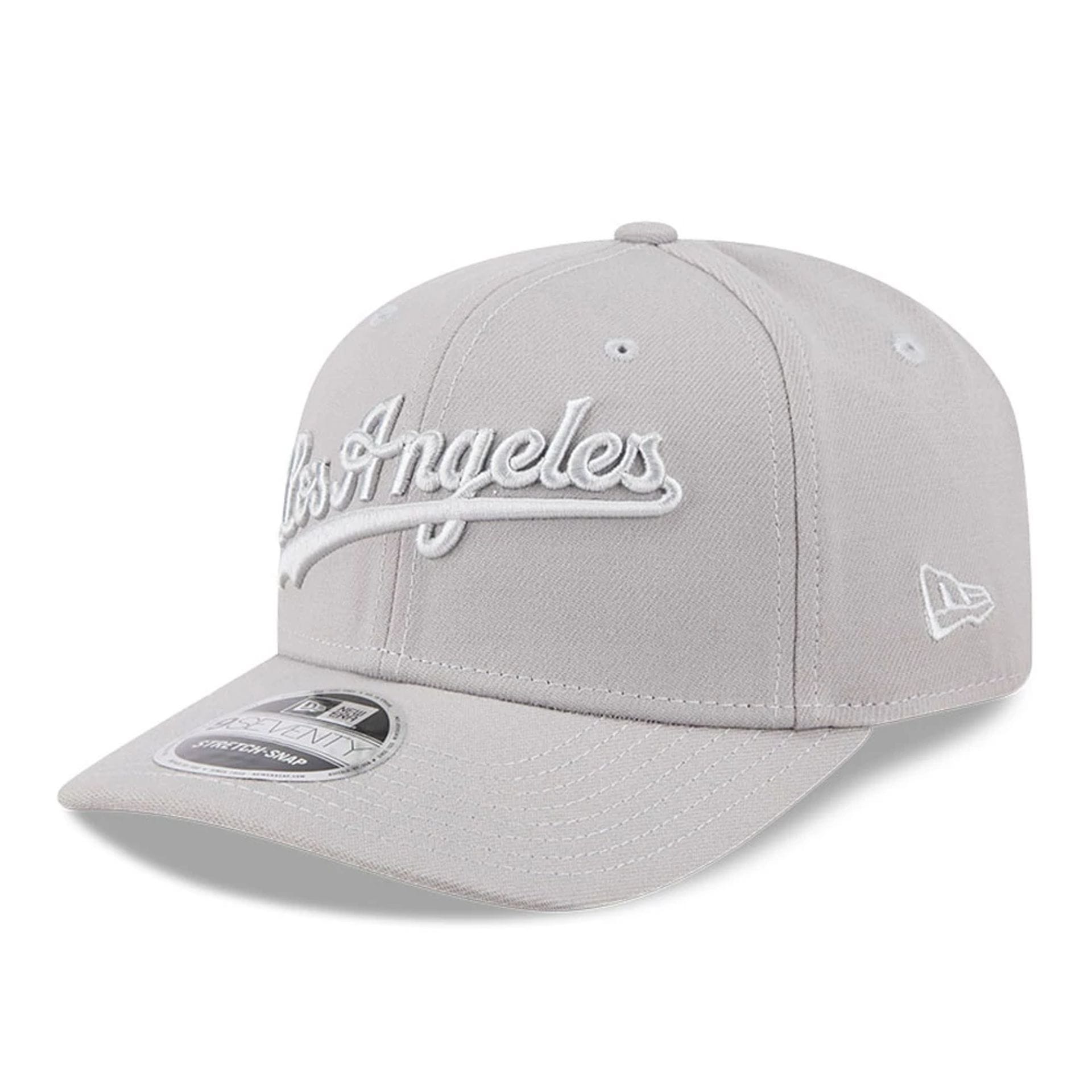 Pictured is this MLB Script LA Dodgers 9SEVENTY Stretch Snap cap in grey. 1