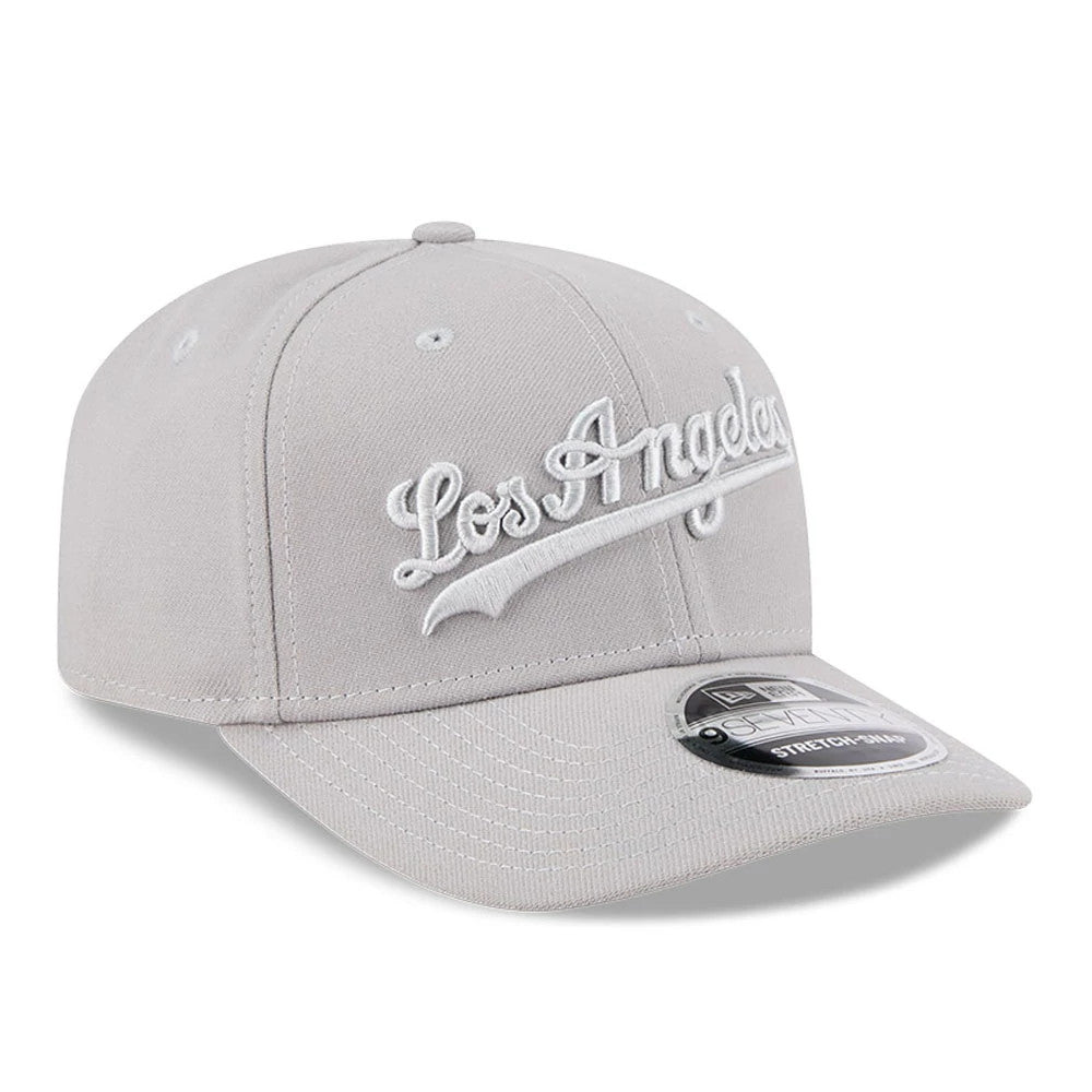 Pictured is this MLB Script LA Dodgers 9SEVENTY Stretch Snap cap in grey. 3
