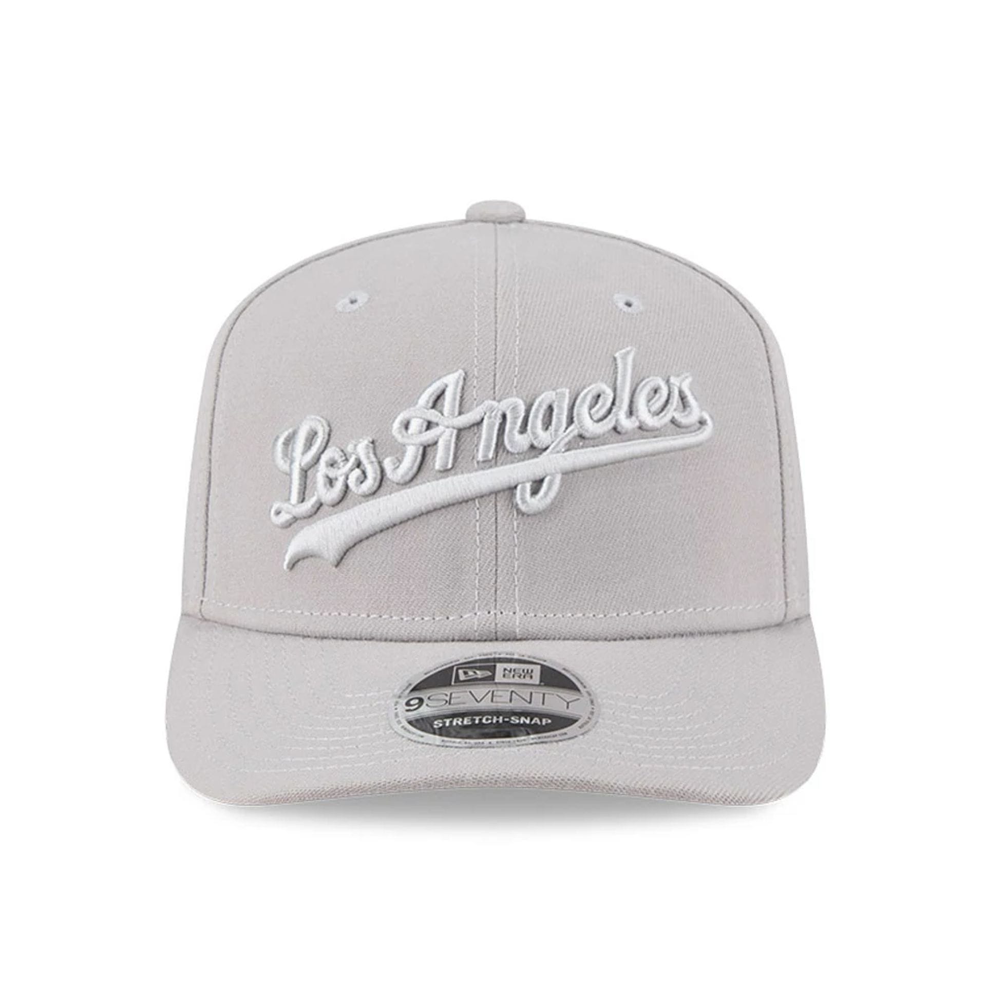 Pictured is this MLB Script LA Dodgers 9SEVENTY Stretch Snap cap in grey. 2
