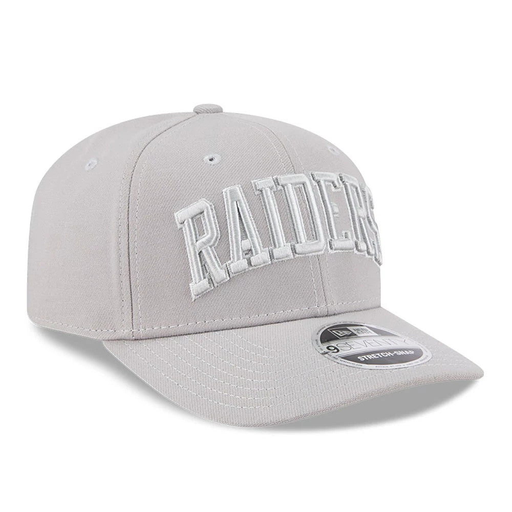 Pictured is this NFL Script Las Vegas Raiders 9SEVENTY Stretch Snap cap in grey. 3