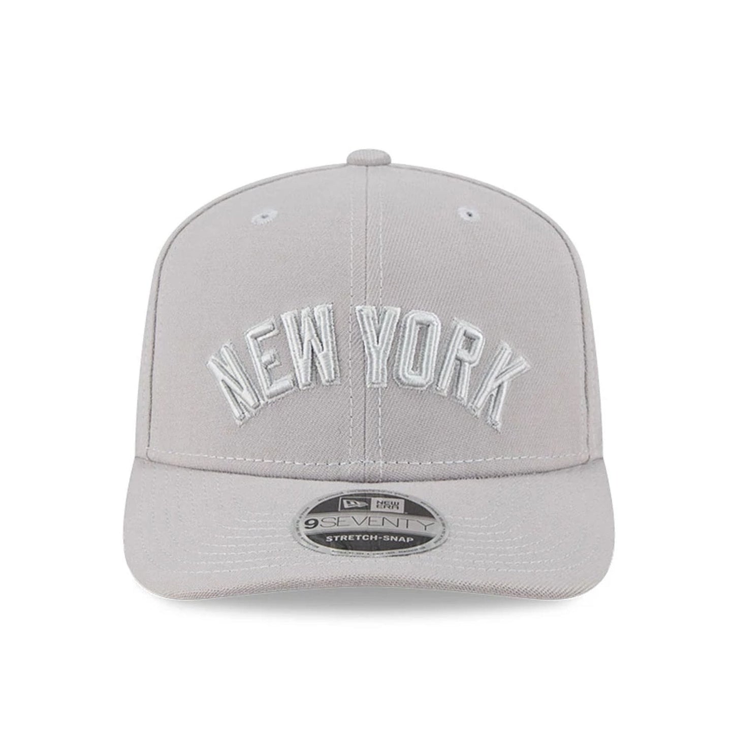 Pictured is this MLB Script New York Yankees 9SEVENTY Stretch Snap cap in grey. 2