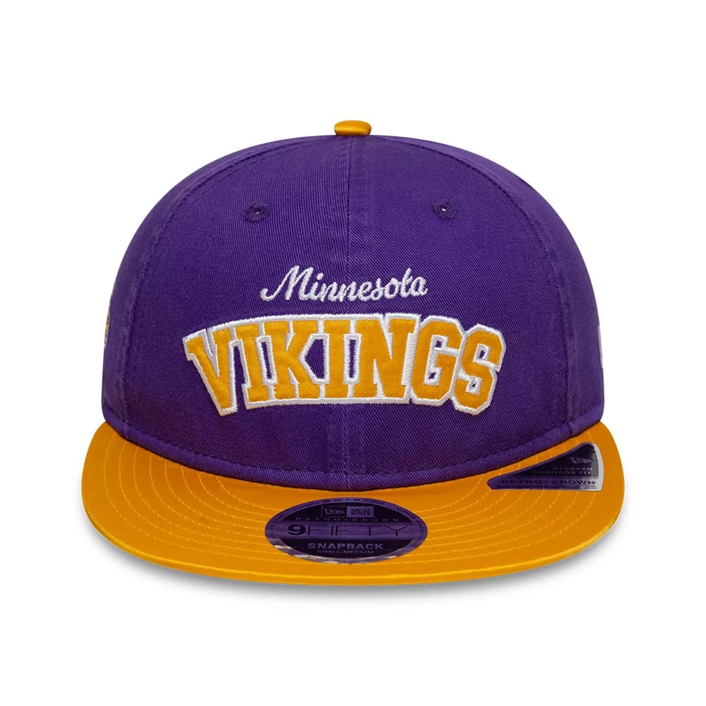 Minnesota Vikings NFL Historic Purple Retro Crown New Era 9FIFTY Adjustable Cap, front view showing the white embroidered Minnesota text and yellow Vikings lettering on the purple crown with a yellow visor and a 9FIFTY size sticker.