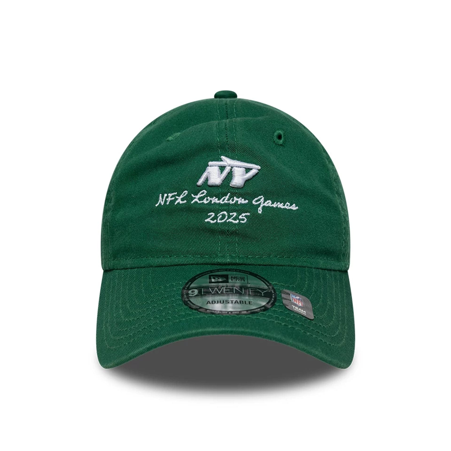 This is a New York Jets NFL International Series Games London 2025 Green 9TWENTY Adjustable Cap 3