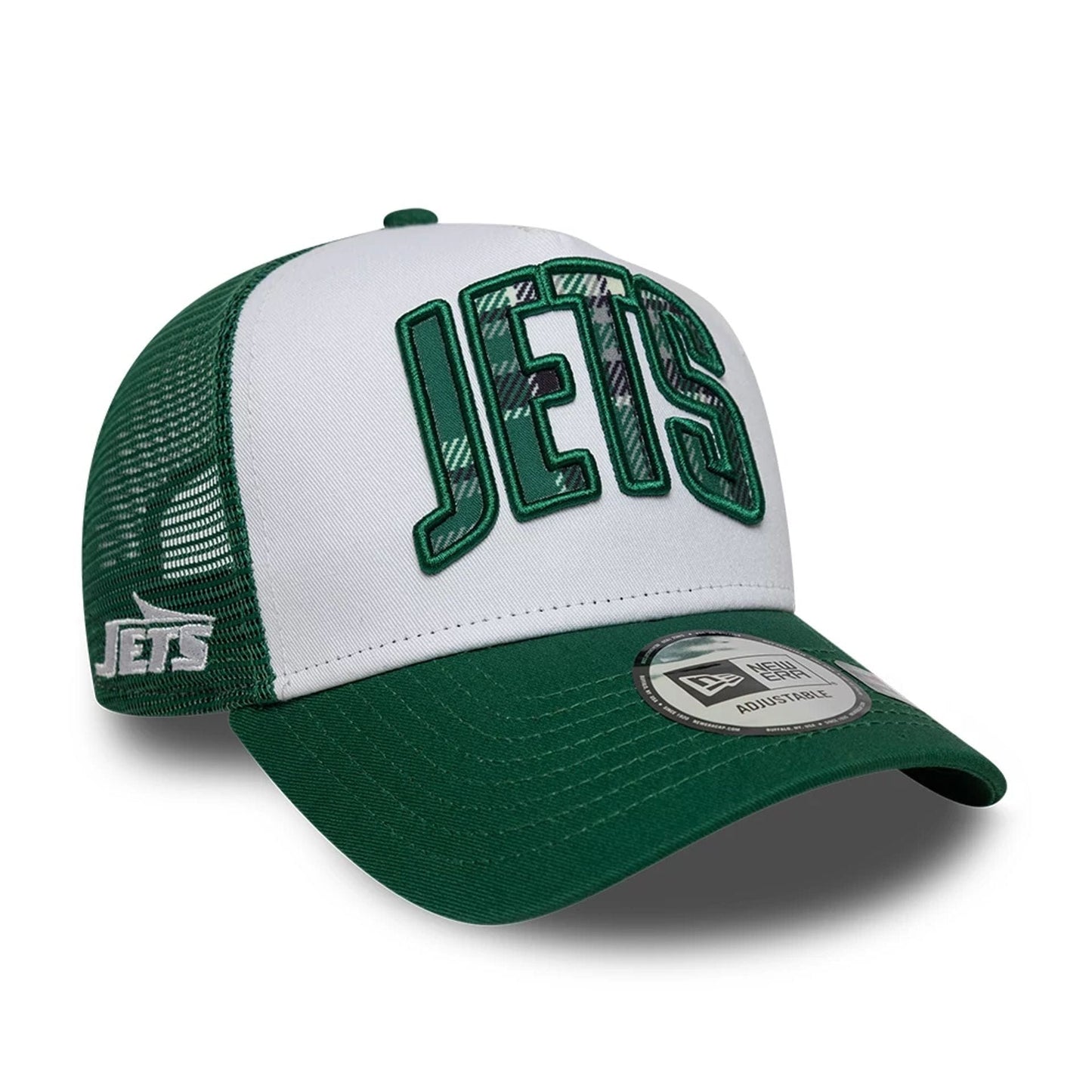 This is a New York Jets NFL International Series Games 2025 Green 9FORTY A-Frame Trucker Adjustable Cap 1