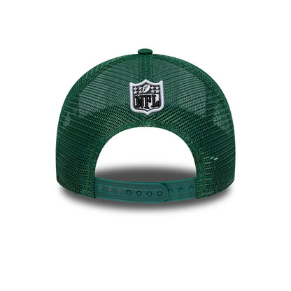 This is a New York Jets NFL International Series Games 2025 Green 9FORTY A-Frame Trucker Adjustable Cap 4