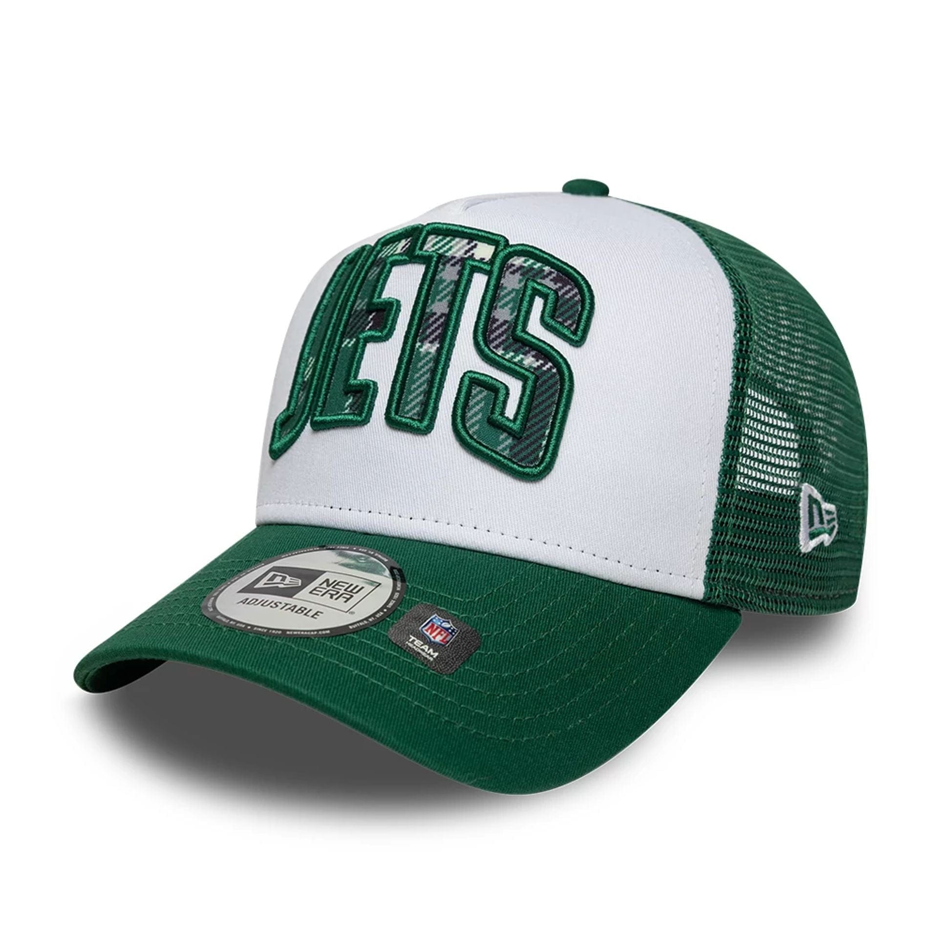 This is a New York Jets NFL International Series Games 2025 Green 9FORTY A-Frame Trucker Adjustable Cap 3