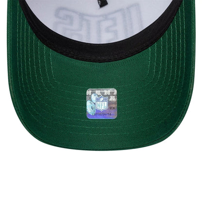 This is a New York Jets NFL International Series Games 2025 Green 9FORTY A-Frame Trucker Adjustable Cap 7