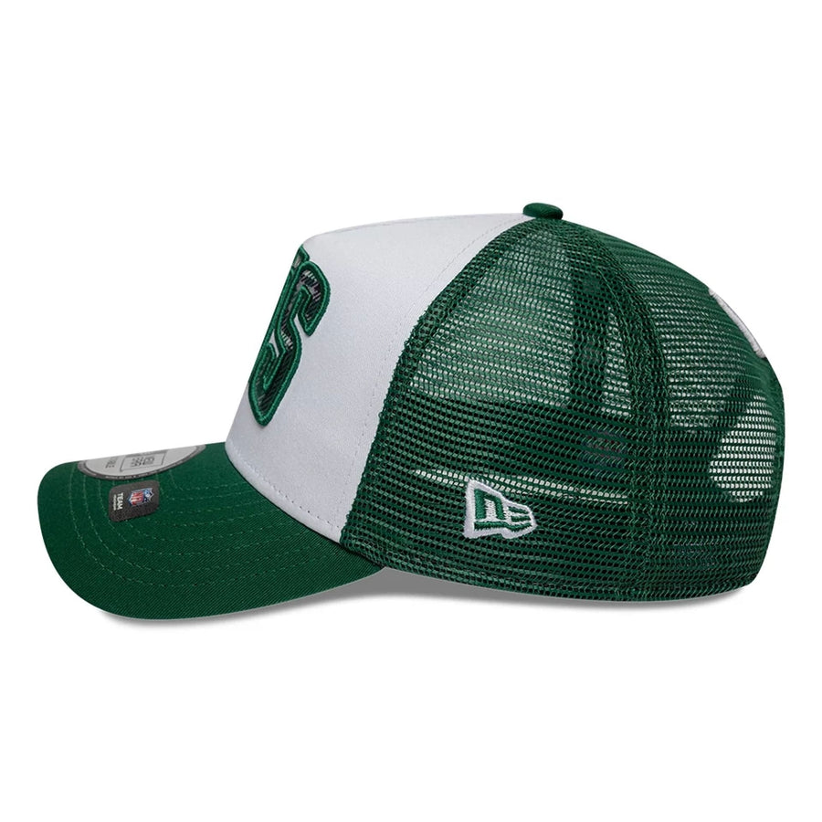 This is a New York Jets NFL International Series Games 2025 Green 9FORTY A-Frame Trucker Adjustable Cap 6