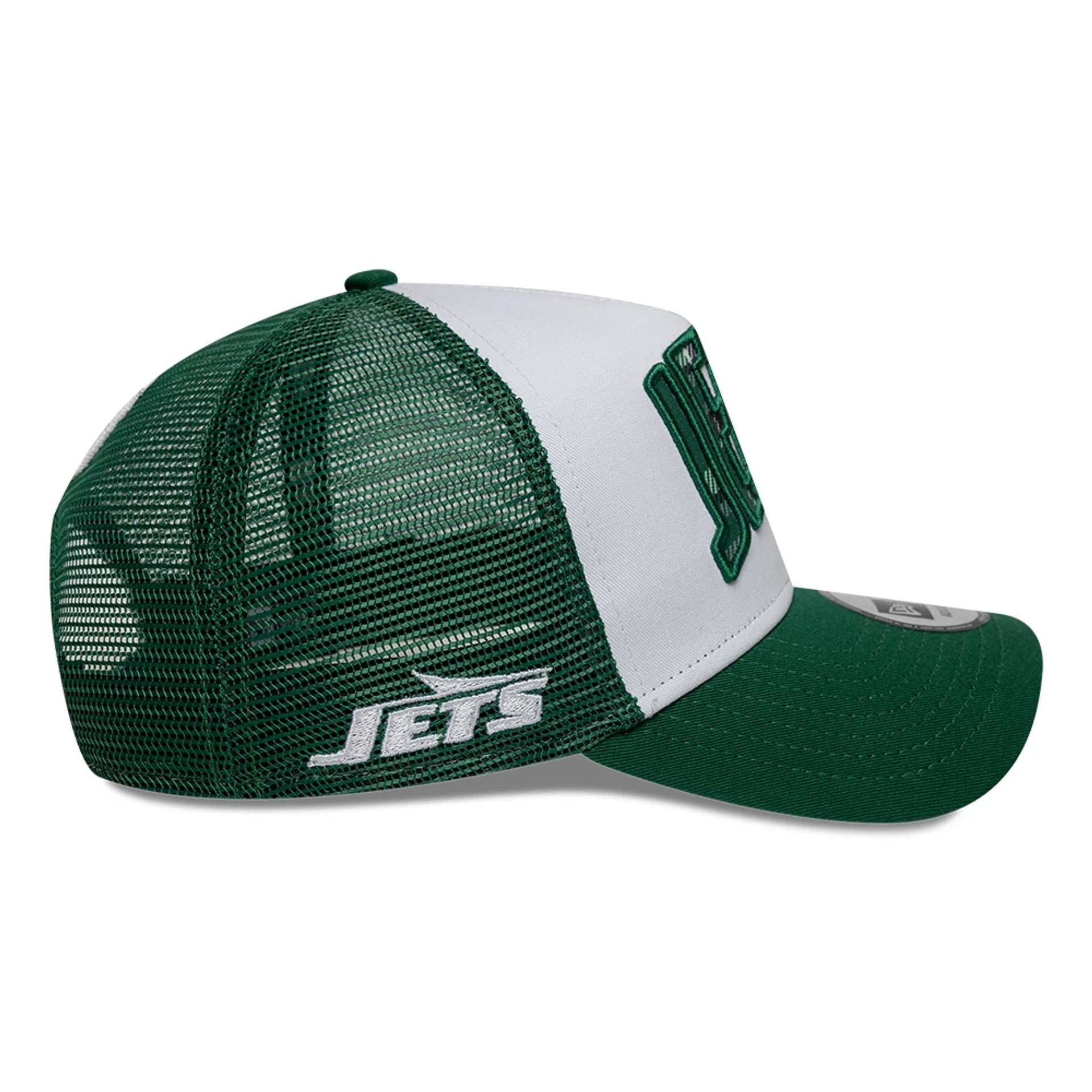 This is a New York Jets NFL International Series Games 2025 Green 9FORTY A-Frame Trucker Adjustable Cap 5