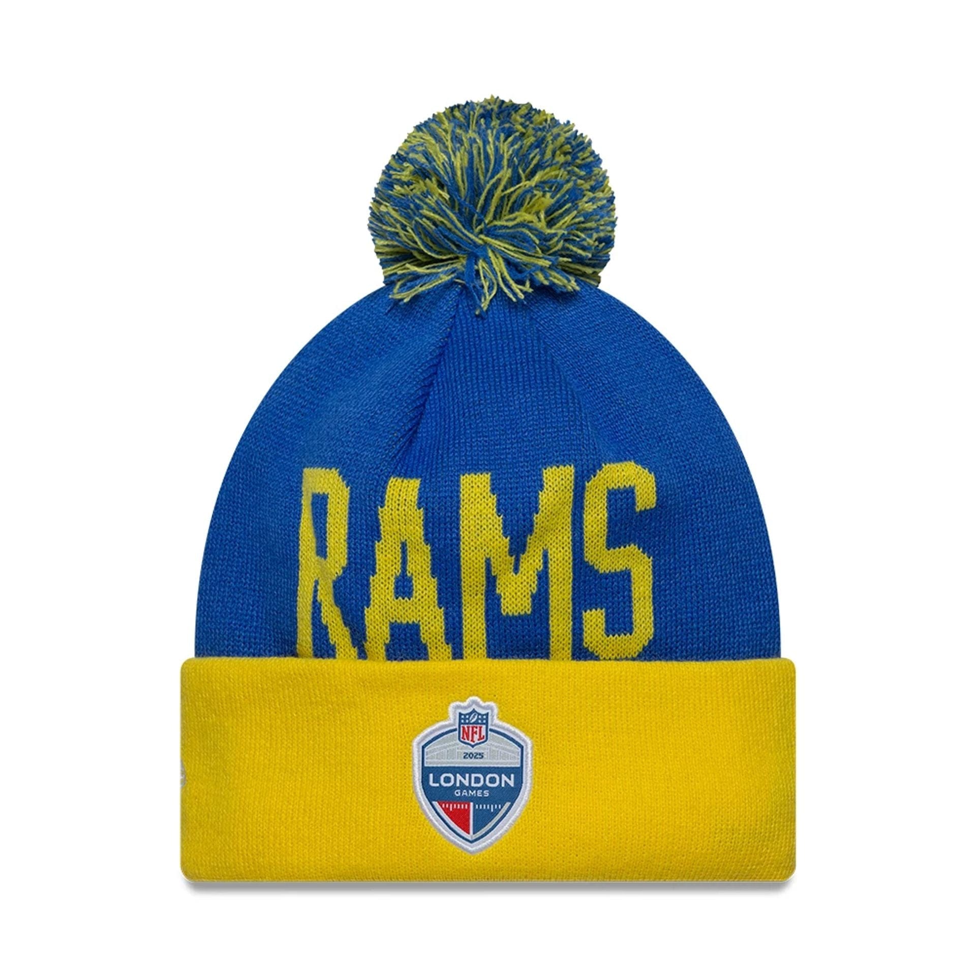 This is a LA Rams NFL International Series Games London 2025 Bright Blue Cuff knit Beanie Hat 2