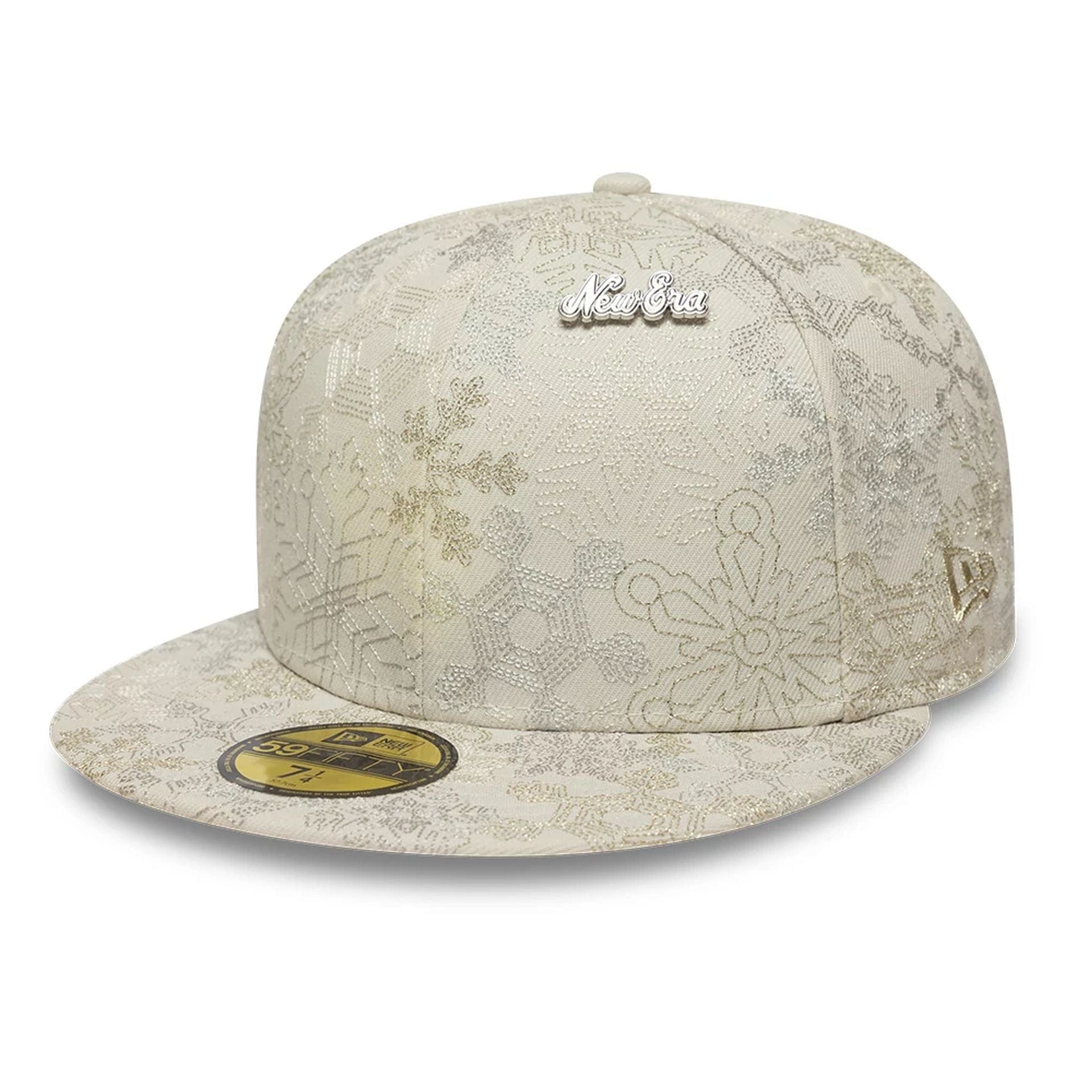 Pictured is this New Era Winter Snowflakes 59FIFTY Fitted cap in light beige. 1