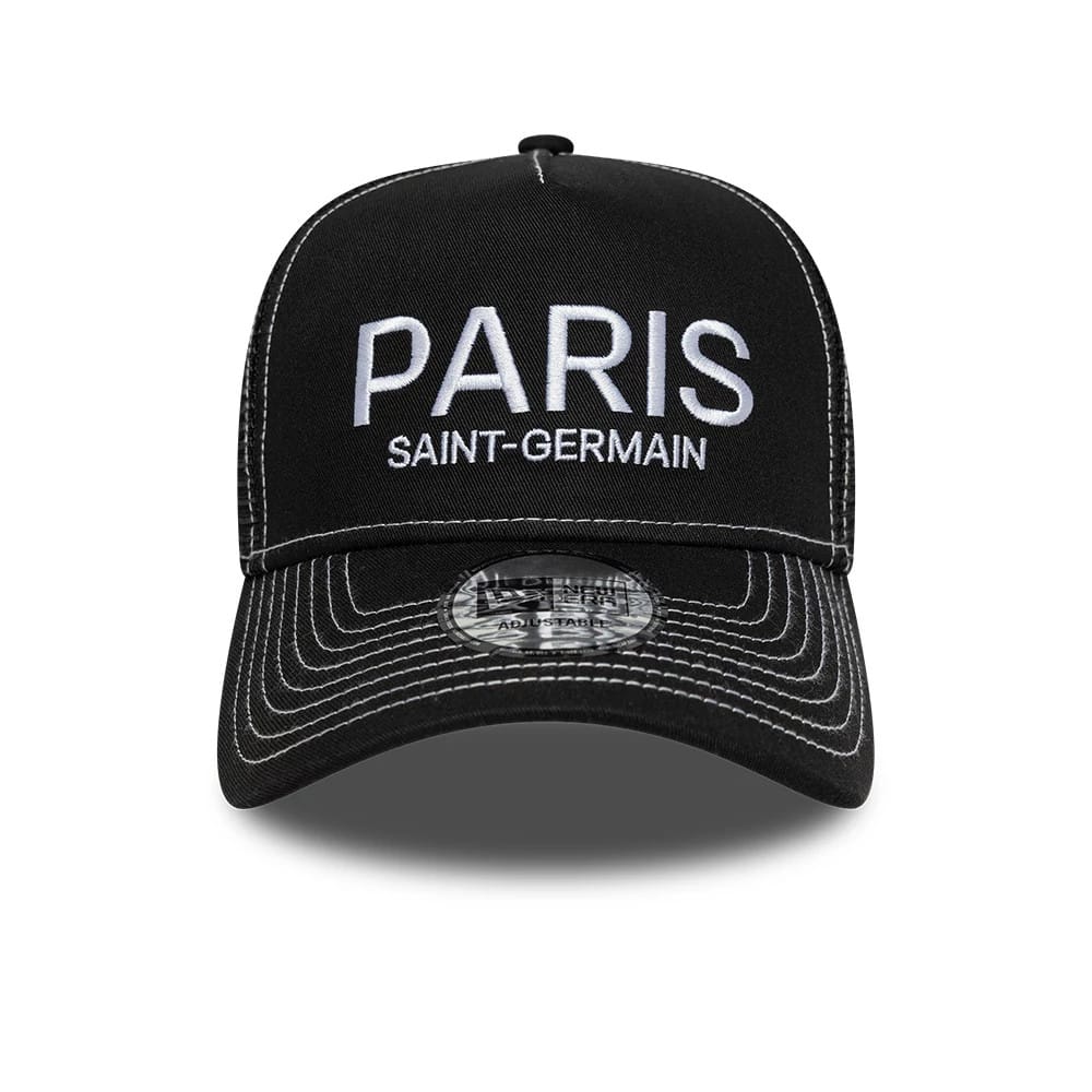 Pictured is this Pop Stitch Paris Saint Germain 9FORTY E-Frame Trucker cap in black. 2
