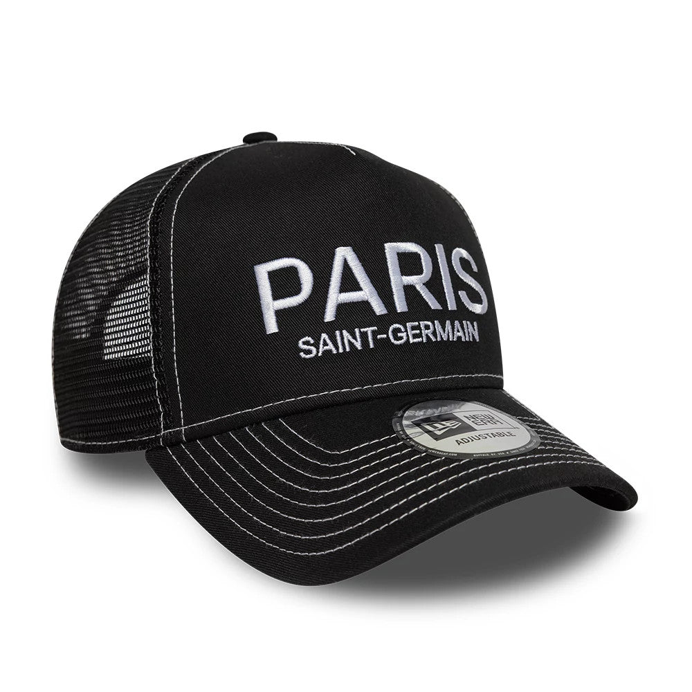 Paris Saint-Germain Black New Era 9FORTY E-Frame Trucker Adjustable Cap, three-quarter view showing white embroidered text on the front panel, mesh back panels, a black curved visor, and a 9FORTY size sticker.