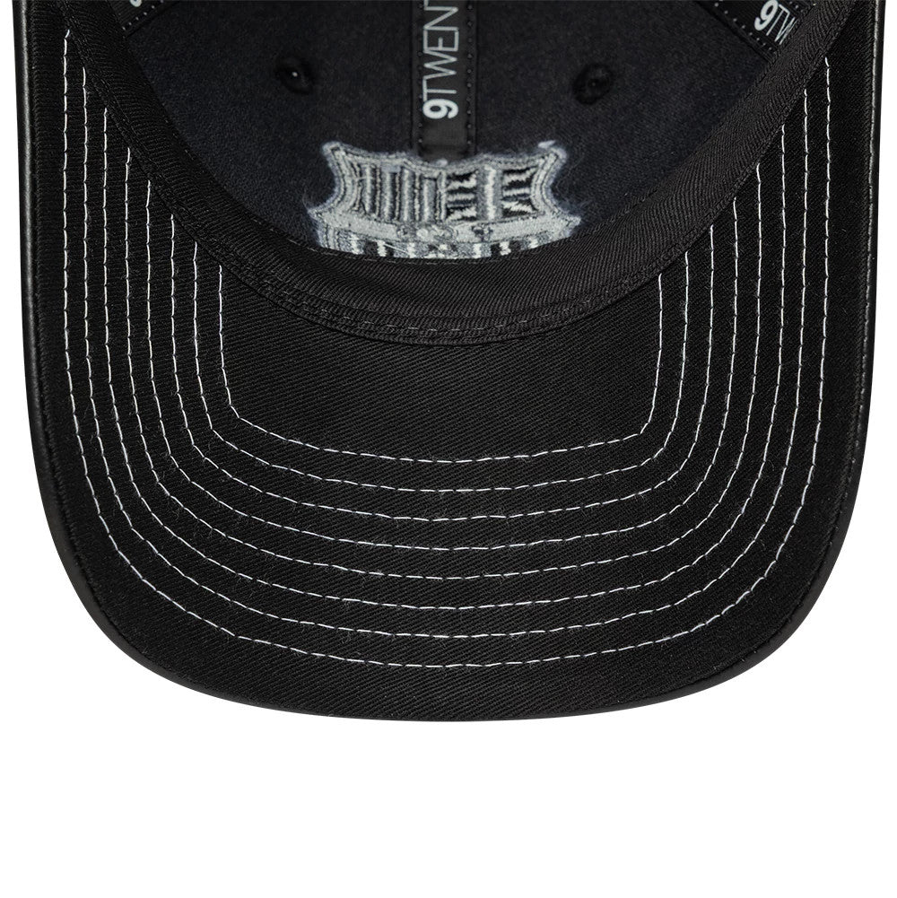 FC Barcelona Womens PU Black New Era 9TWENTY Adjustable Cap, inside view showing the black sweatband, embroidered team logo on the black undervisor, and New Era branded taping along the seams.