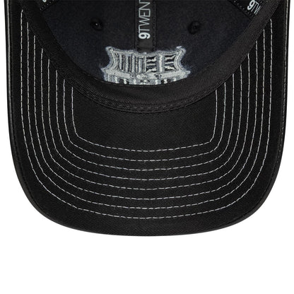 FC Barcelona Womens PU Black New Era 9TWENTY Adjustable Cap, inside view showing the black sweatband, embroidered team logo on the black undervisor, and New Era branded taping along the seams.