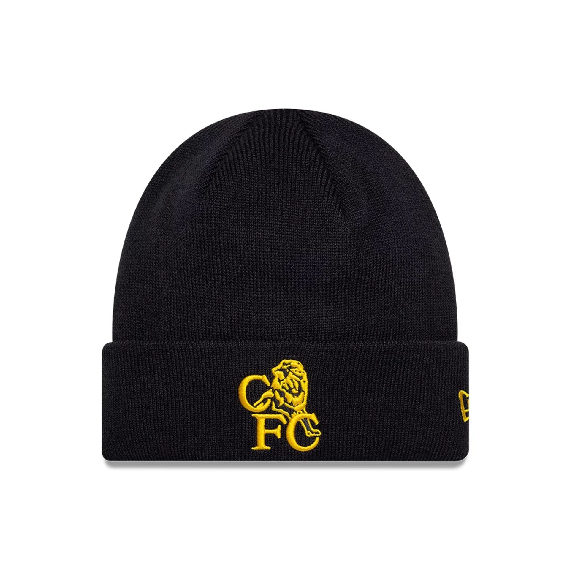 Pictured is this Core Retro Chelsea FC Cuff knit Beanie hat in navy. 1