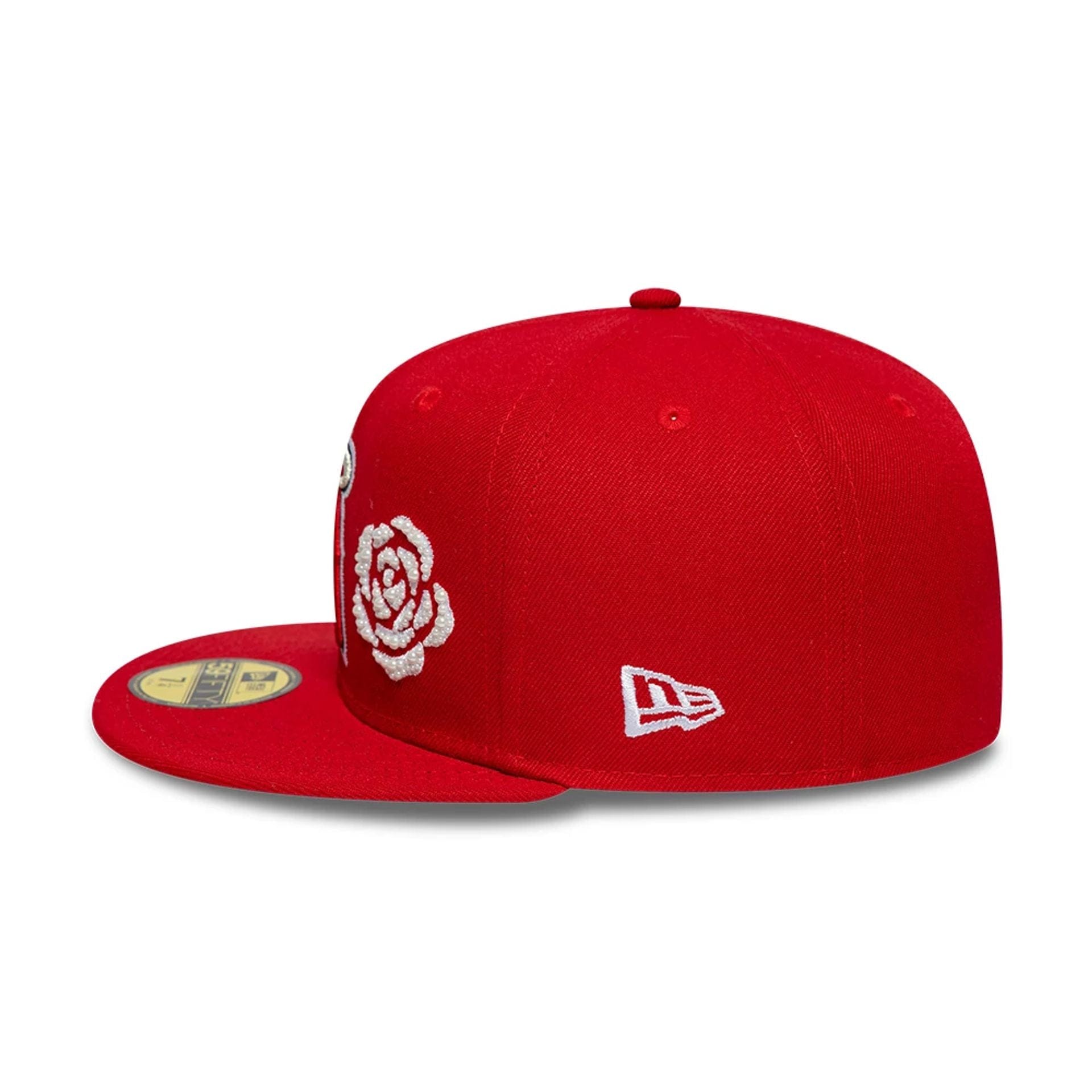 Pictured is this MLB Faux Pearl Icon LA Angels 59FIFTY Fitted cap in red. 5