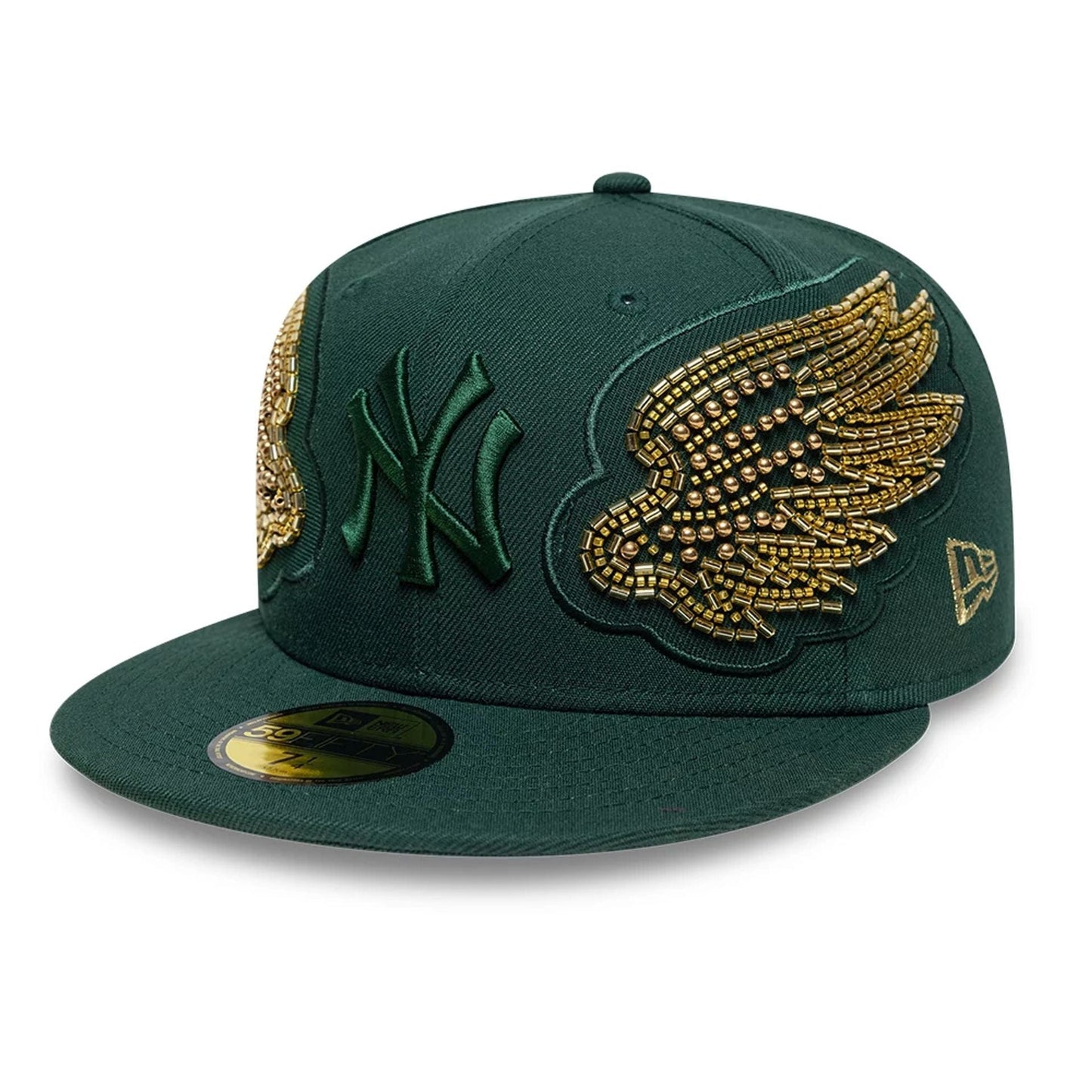 Pictured is this MLB Beaded Wings New York Yankees 59FIFTY Fitted cap in dark green. 1