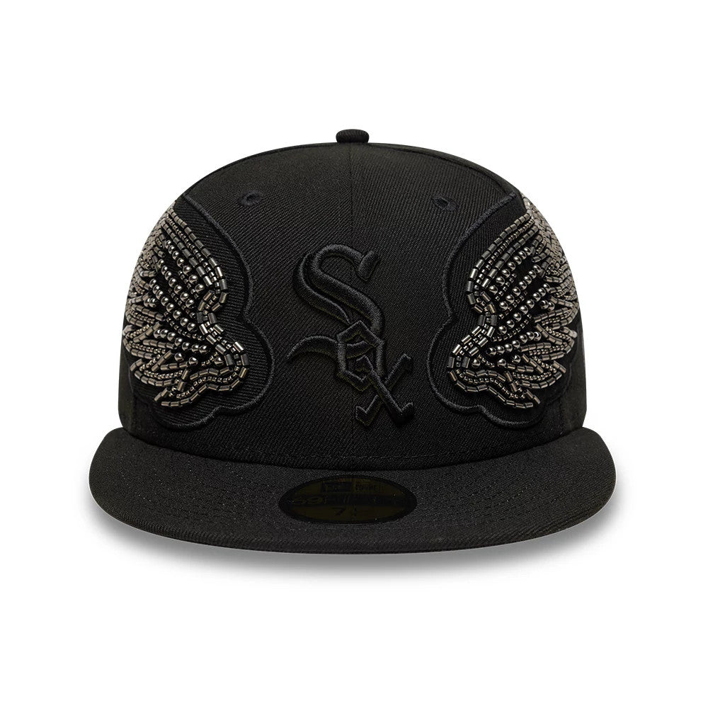 Pictured is this MLB Beaded Wings Chicago White Sox 59FIFTY Fitted cap in black. 2