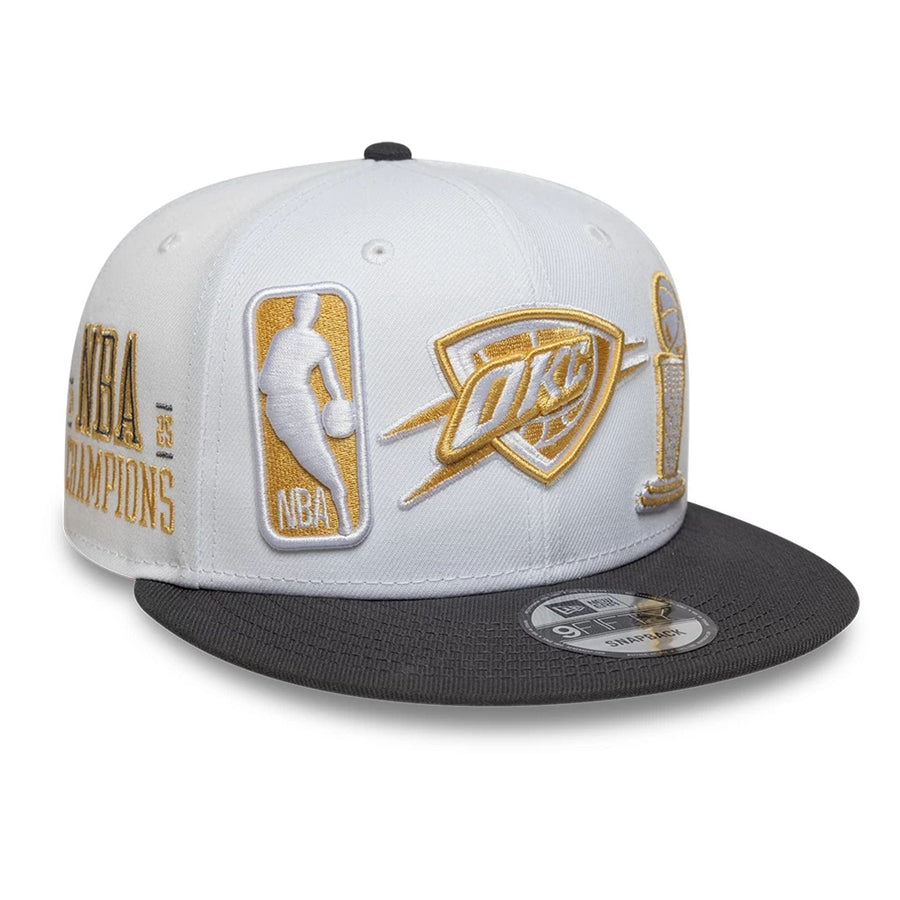 Pictured is this Oklahoma City Thunder NBA Ring Ceremony White 9FIFTY Snapback Adjustable cap. 1