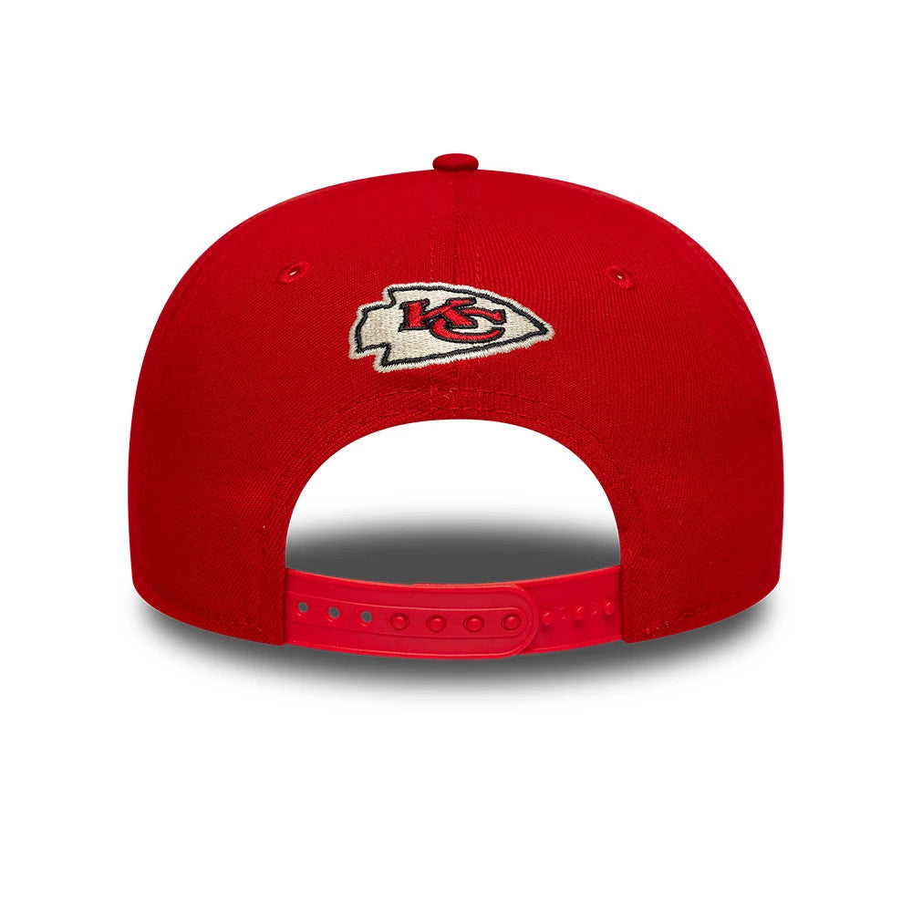 Kansas City Chiefs Fear Of God x NFL Red Retro Crown New Era 9FIFTY Adjustable Cap, rear view showing the embroidered KC logo on the back panel above the adjustable red snapback closure.